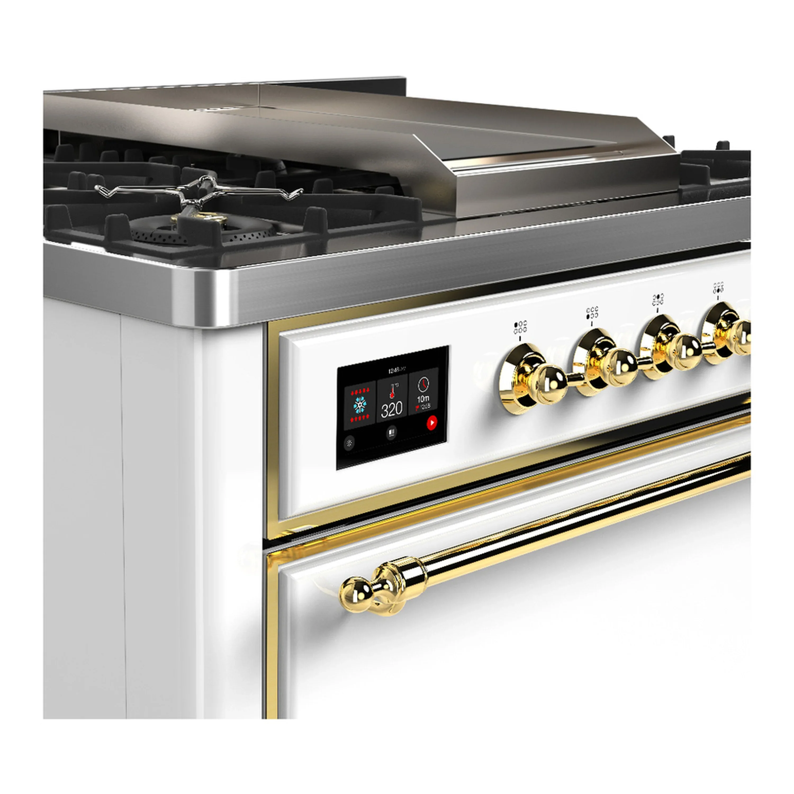 ILVE Majestic III 36-inch Dual Fuel Range with 6 Natural Gas Burner, Griddle and Solid Door Electric Oven in White with Brass Trim (UM36FQNR3WHG) - Image 5