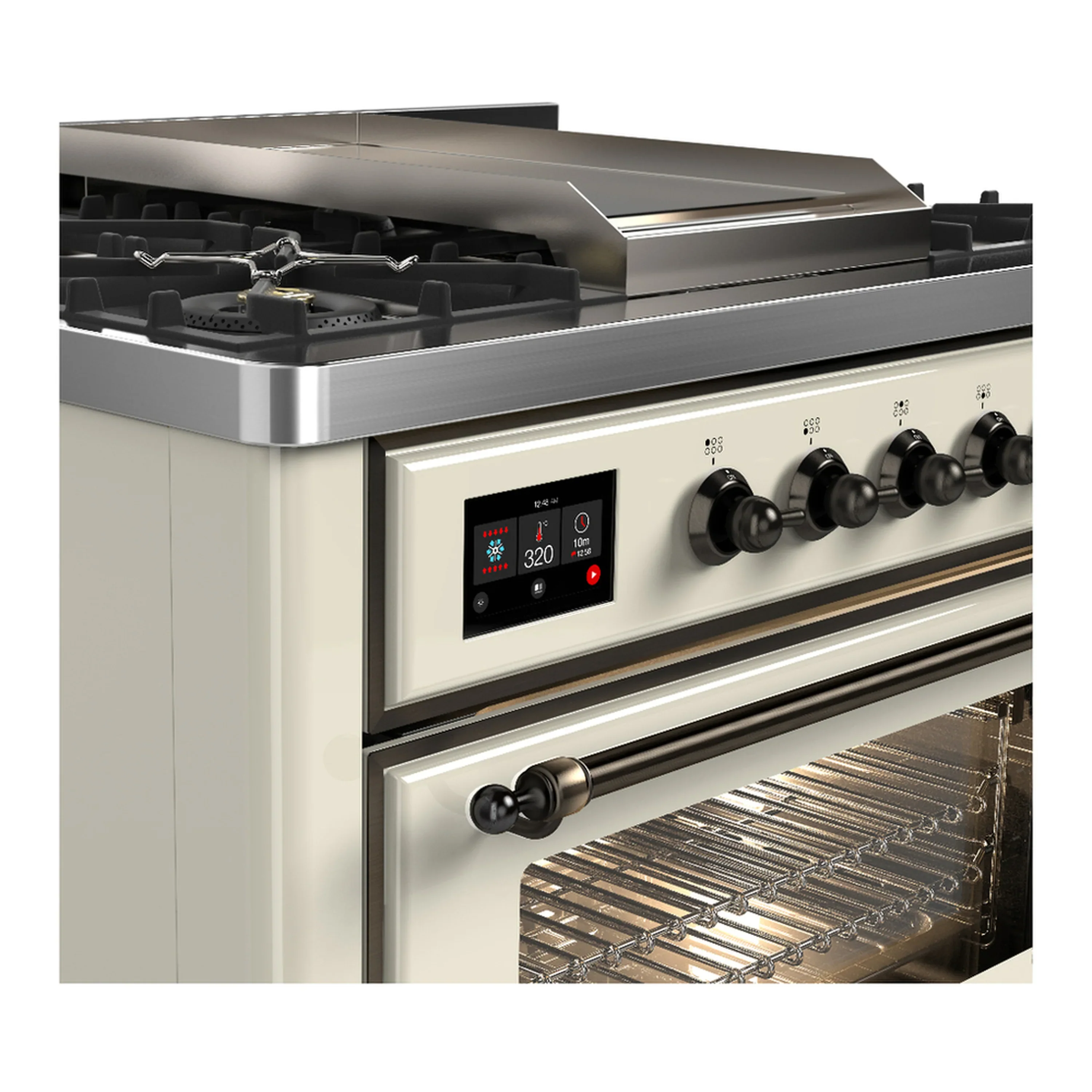 ILVE Majestic III 36-inch Dual Fuel Range with 6 Natural Gas Burner, Griddle and Triple Glass Door Electric Oven in Antique White with Burnished Trim (UM36FNR3AWB) - Image 5