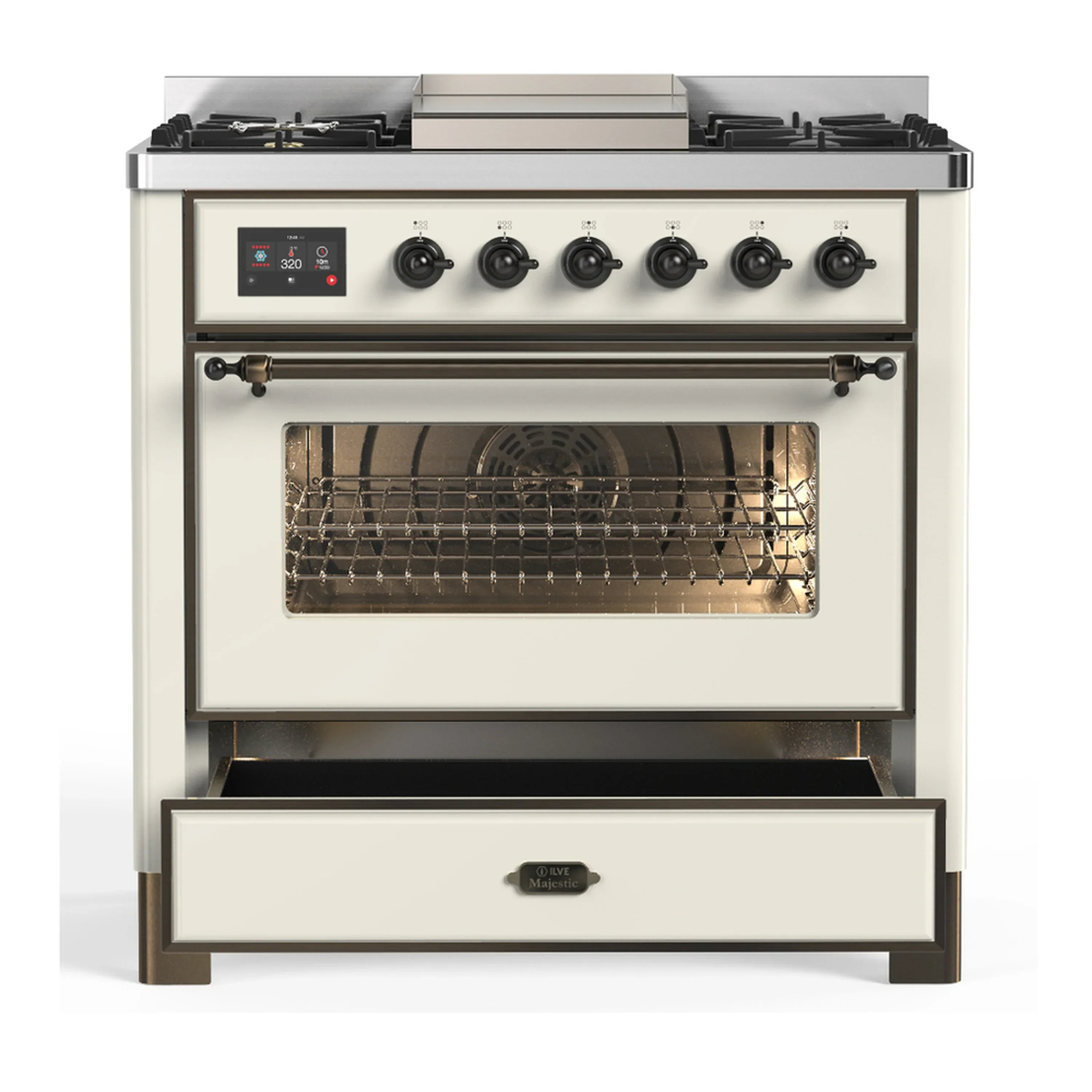 ILVE Majestic III 36-inch Dual Fuel Range with 5 Liquid Propane Burner, Griddle and Triple Glass Door Electric Oven in Antique White with Burnished Trim (UM36FNR3AWBLP) - Image 3