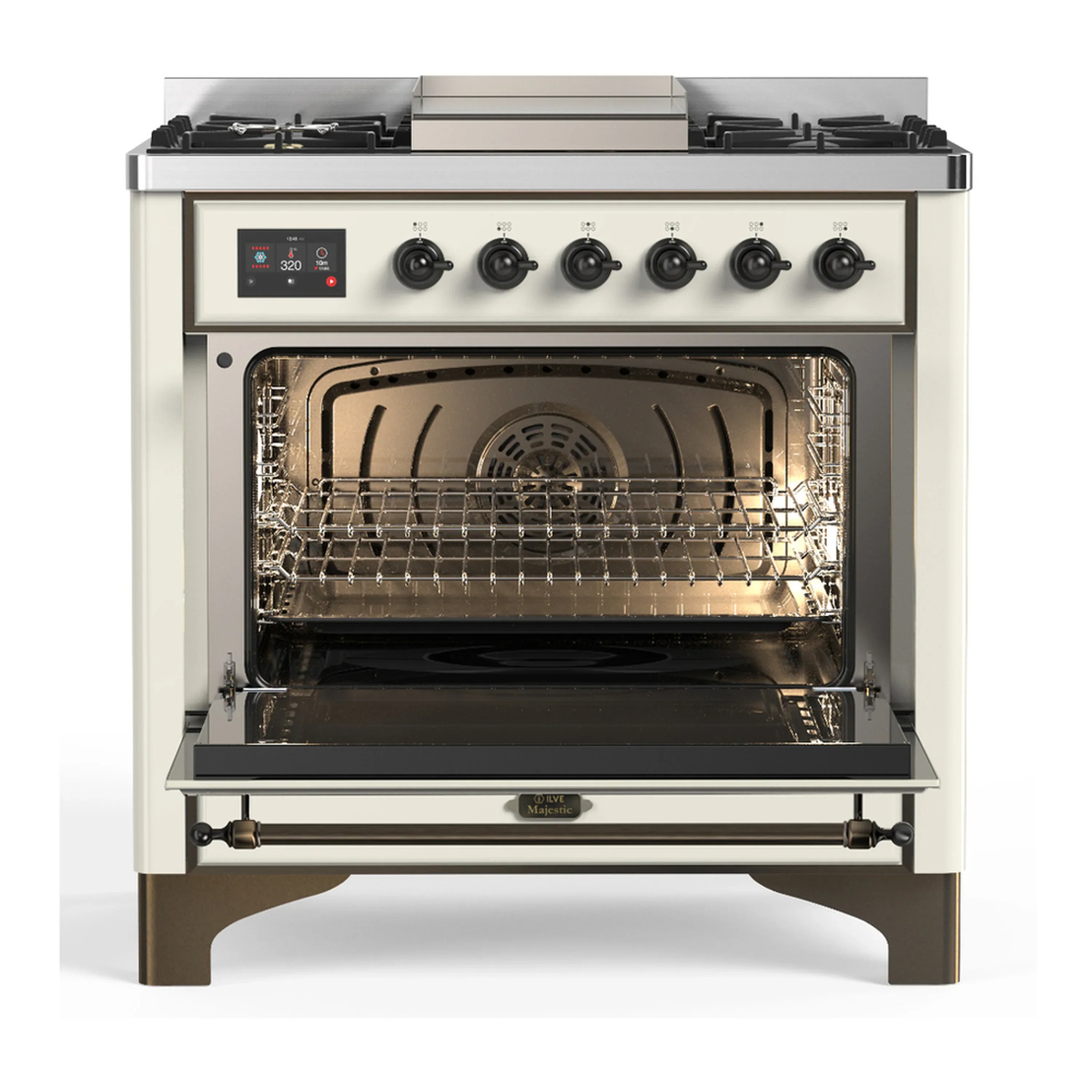 ILVE Majestic III 36-inch Dual Fuel Range with 6 Natural Gas Burner, Griddle and Solid Door Electric Oven in Antique White with Burnished Trim (UM36FQNR3AWB) - Image 4
