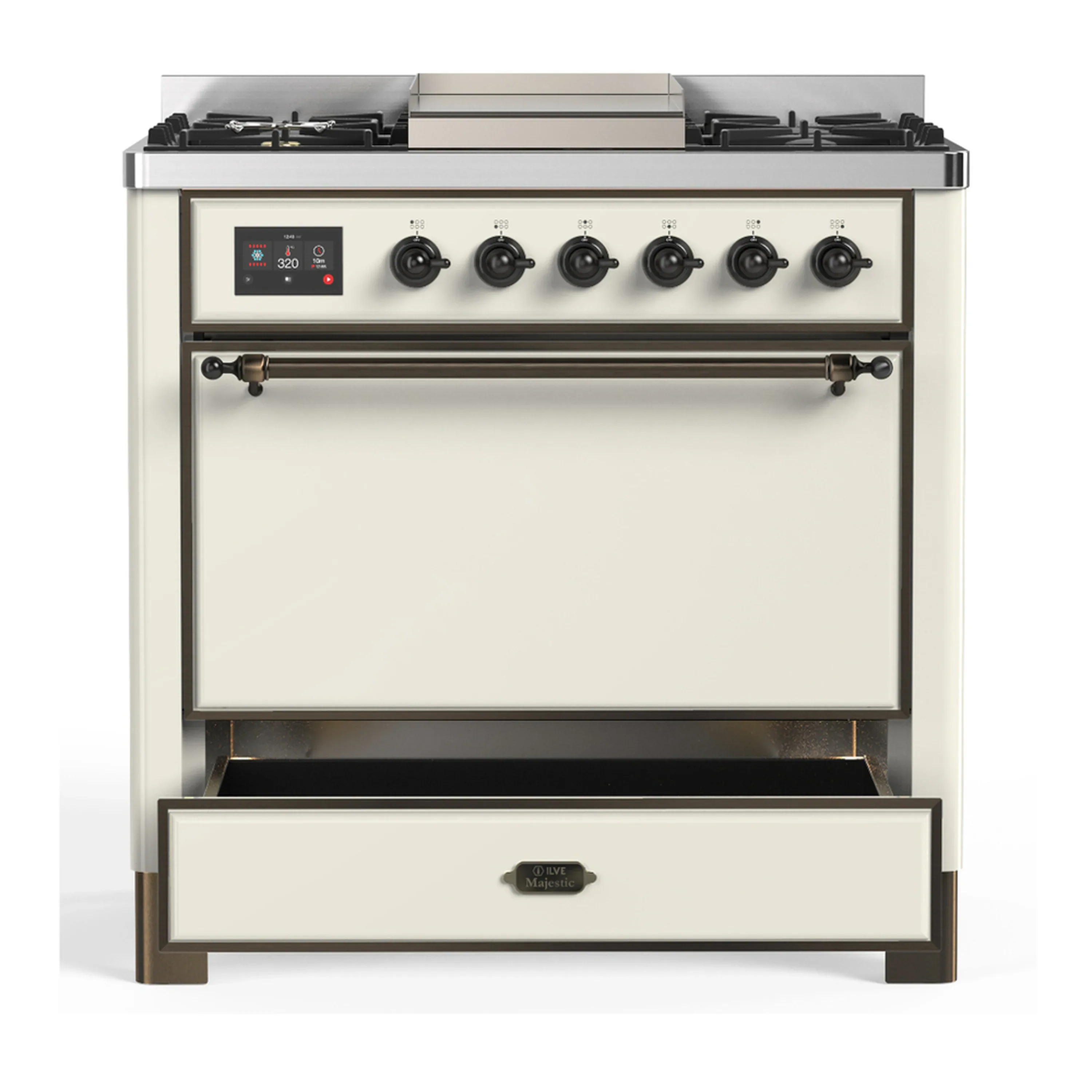 ILVE Majestic III 36-inch Dual Fuel Range with 5 Liquid Propane Burner, Griddle and Solid Door Electric Oven in Antique White with Burnished Trim (UM36FQNR3AWBLP) - Image 3