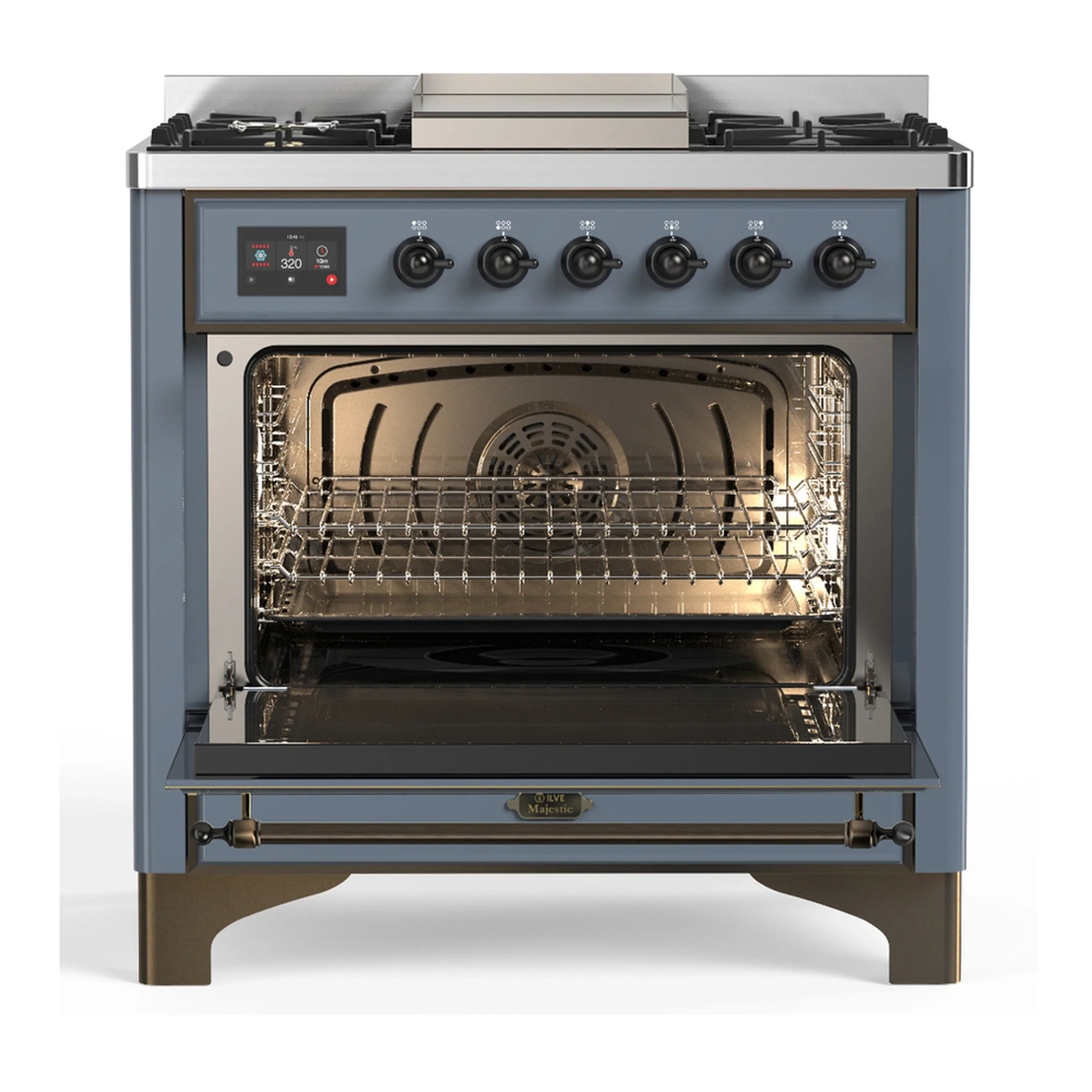 ILVE Majestic III 36-inch Dual Fuel Range with 6 Natural Gas Burner, Griddle and Triple Glass Door Electric Oven in Blue Grey with Burnished Trim (UM36FNR3BGB) - Image 4