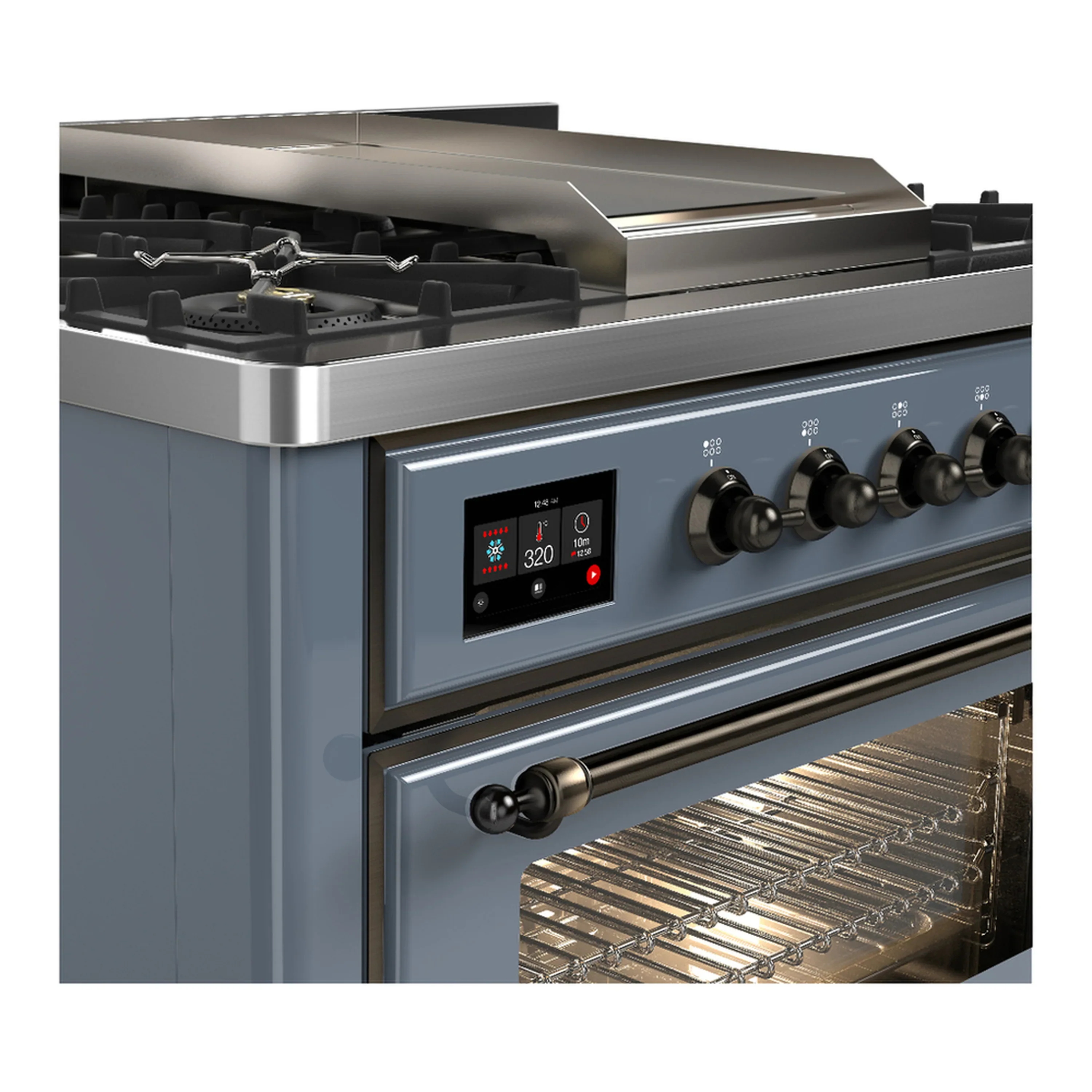ILVE Majestic III 36-inch Dual Fuel Range with 6 Natural Gas Burner, Griddle and Triple Glass Door Electric Oven in Blue Grey with Burnished Trim (UM36FNR3BGB) - Image 5