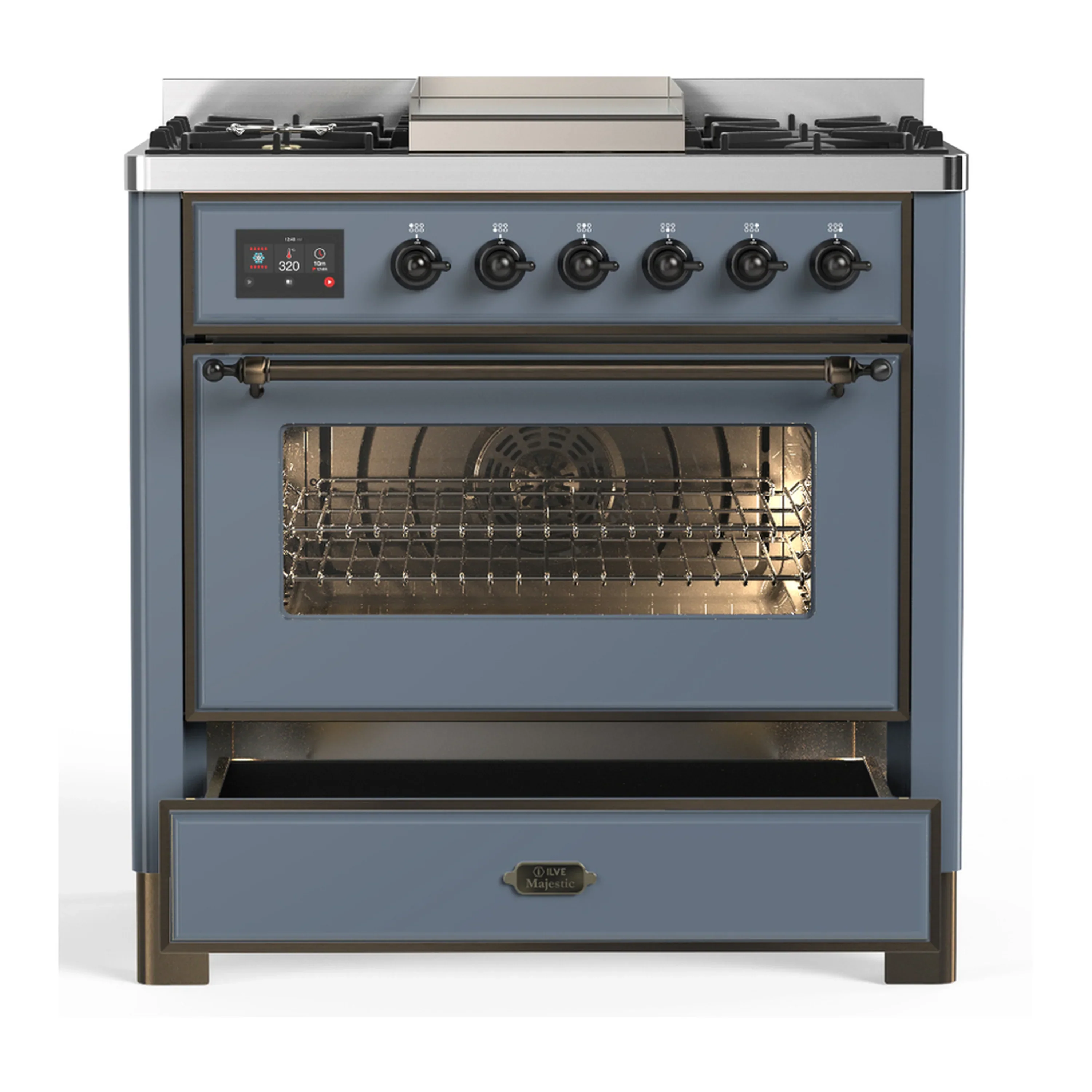 ILVE Majestic III 36-inch Dual Fuel Range with 5 Liquid Propane Burner, Griddle and Triple Glass Door Electric Oven in Blue Grey with Burnished Trim (UM36FNR3BGBLP) - Image 3