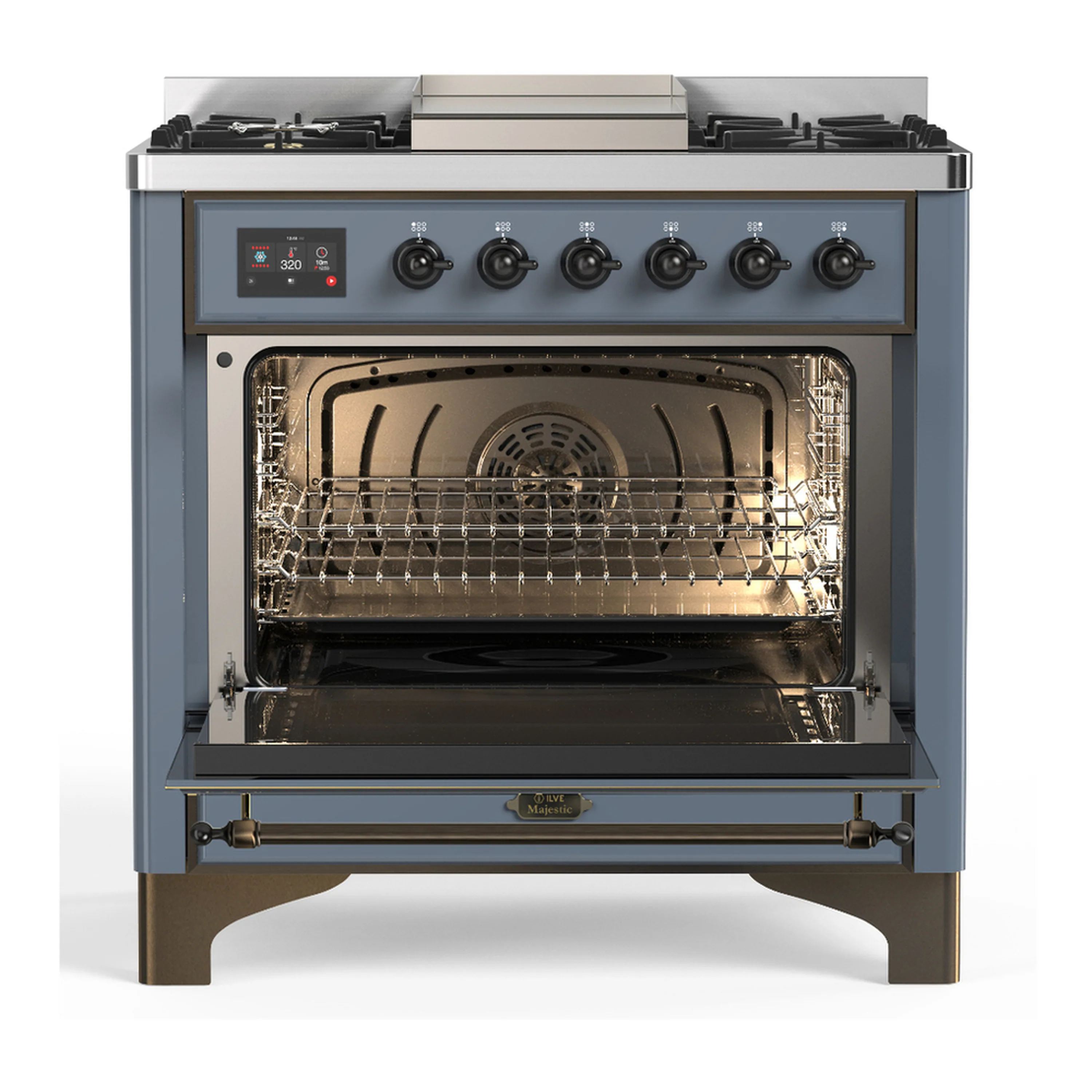 ILVE Majestic III 36-inch Dual Fuel Range with 6 Natural Gas Burner, Griddle and Solid Door Electric Oven in Blue Grey with Burnished Trim (UM36FQNR3BGB) - Image 4