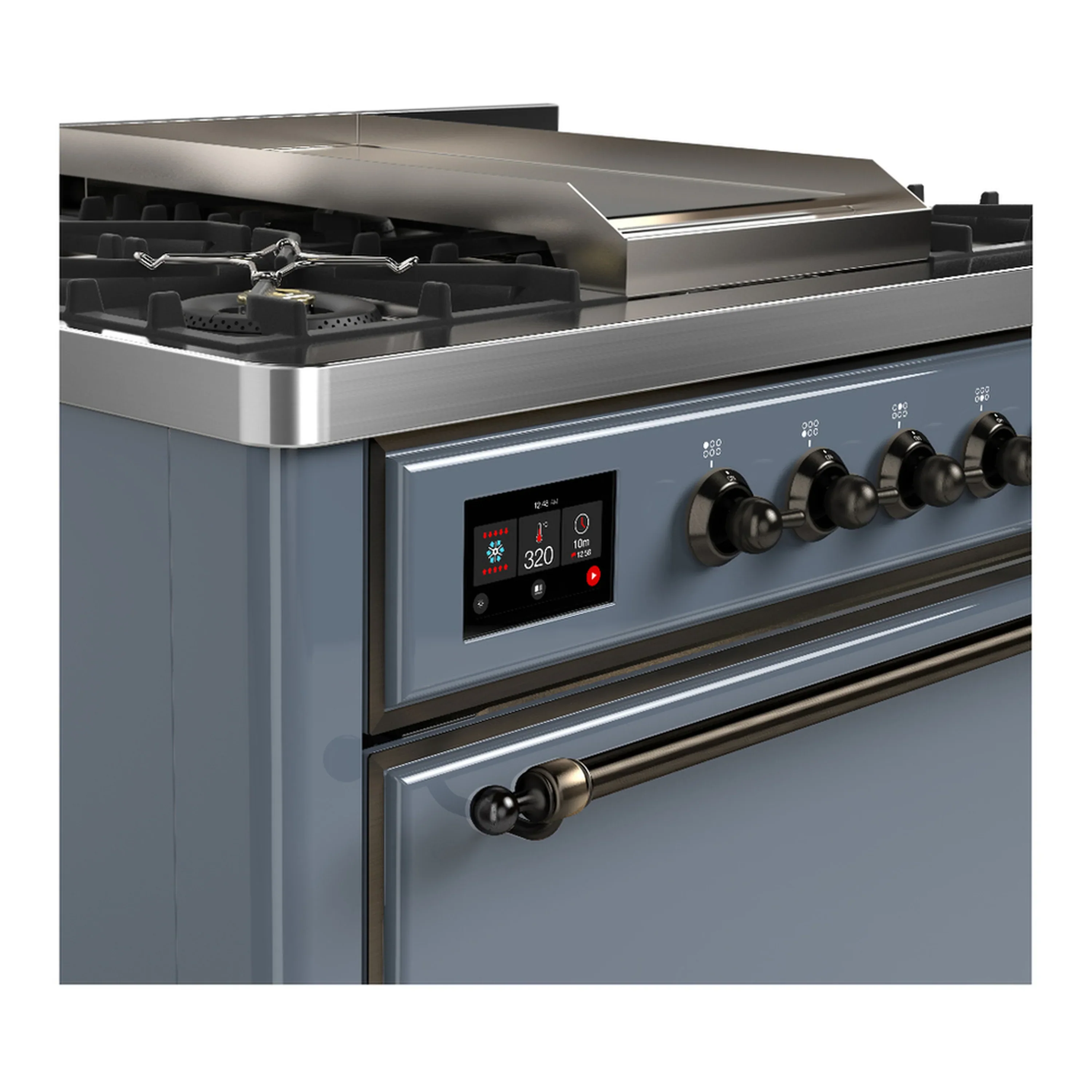 ILVE Majestic III 36-inch Dual Fuel Range with 6 Natural Gas Burner, Griddle and Solid Door Electric Oven in Blue Grey with Burnished Trim (UM36FQNR3BGB) - Image 5