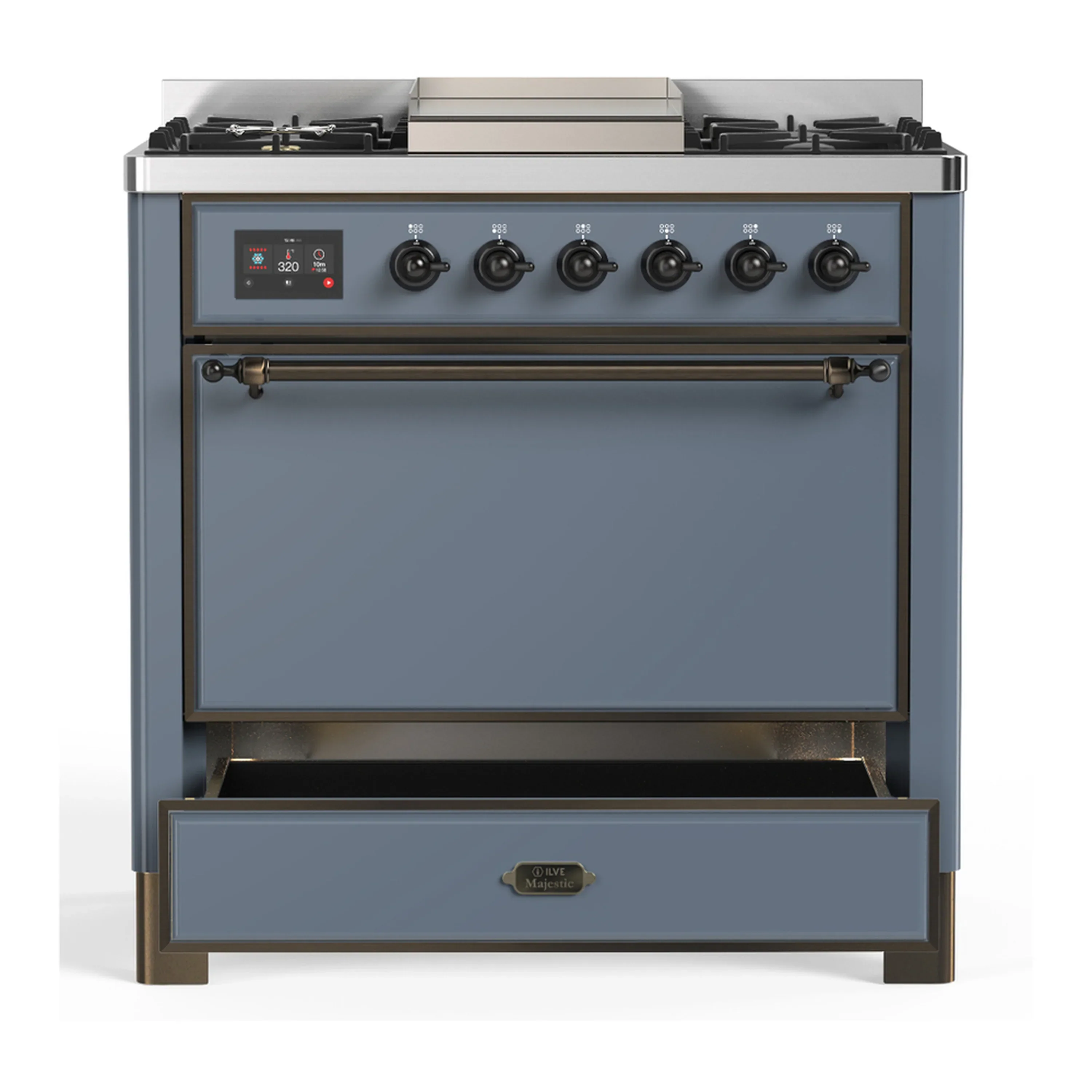 ILVE Majestic III 36-inch Dual Fuel Range with 5 Liquid Propane Burner, Griddle and Solid Door Electric Oven in Blue Grey with Burnished Trim (UM36FQNR3BGBLP) - Image 3
