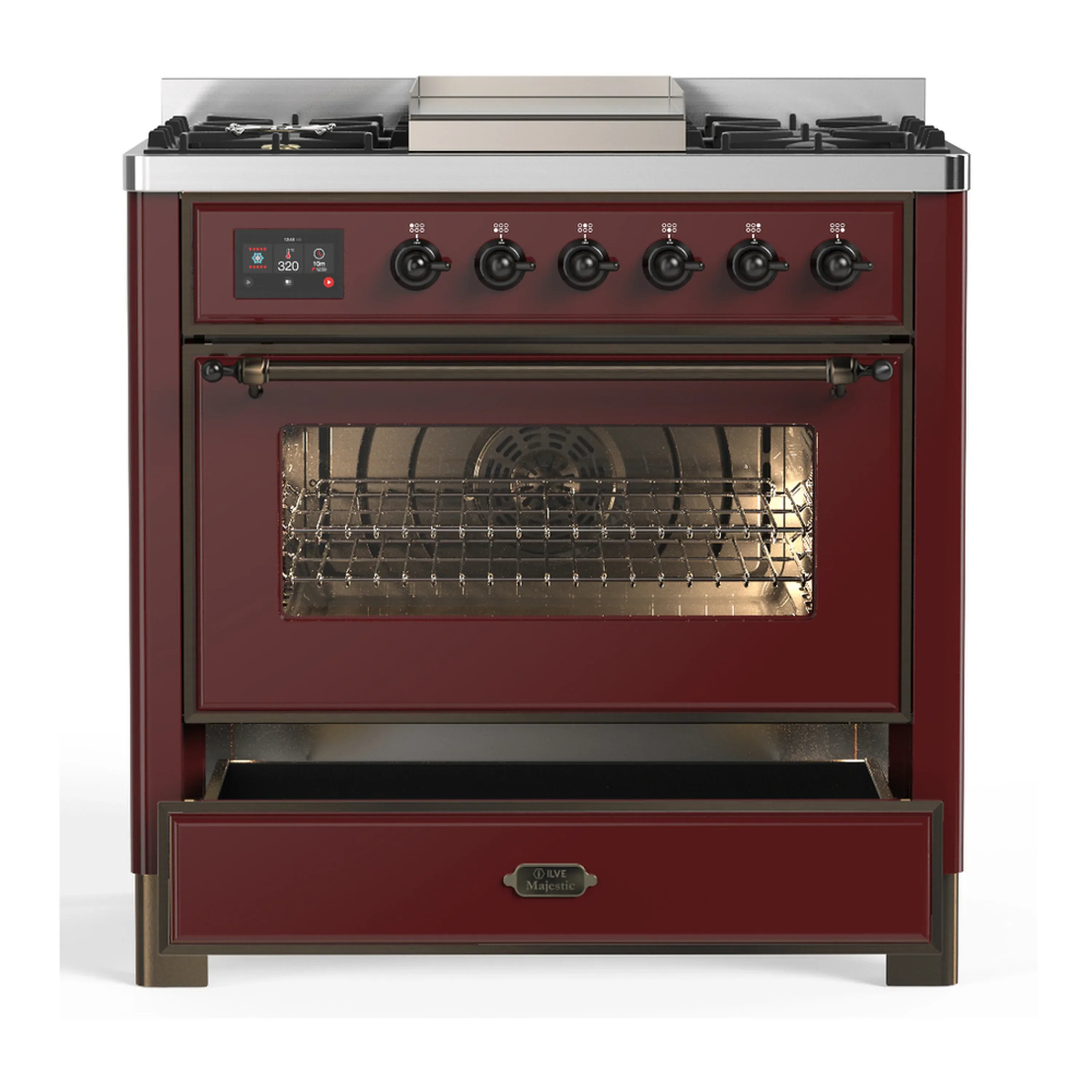 ILVE Majestic III 36-inch Dual Fuel Range with 6 Natural Gas Burner, Griddle and Triple Glass Door Electric Oven in Burgundy with Burnished Trim (UM36FNR3BUB) - Image 3