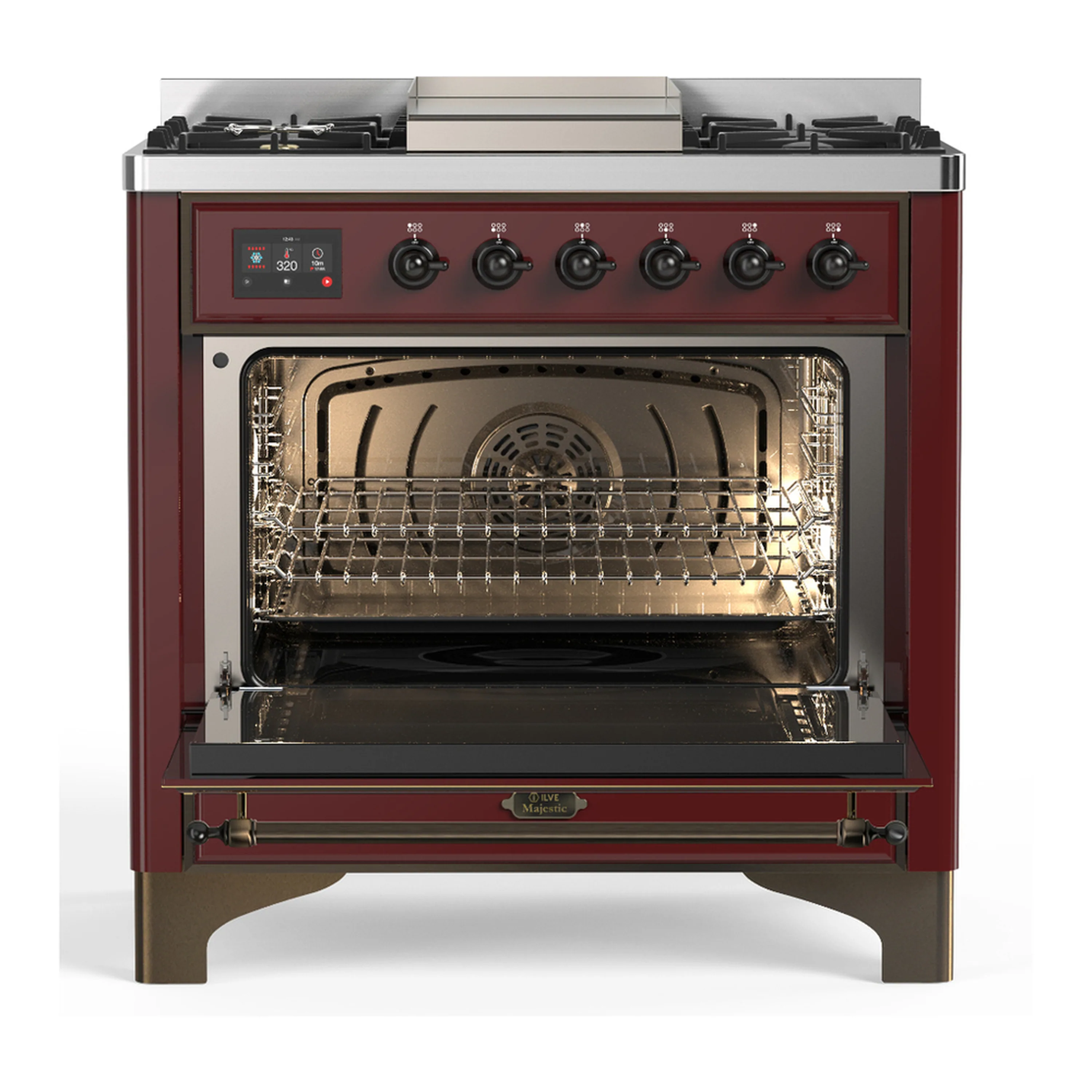 ILVE Majestic III 36-inch Dual Fuel Range with 6 Natural Gas Burner, Griddle and Triple Glass Door Electric Oven in Burgundy with Burnished Trim (UM36FNR3BUB) - Image 4