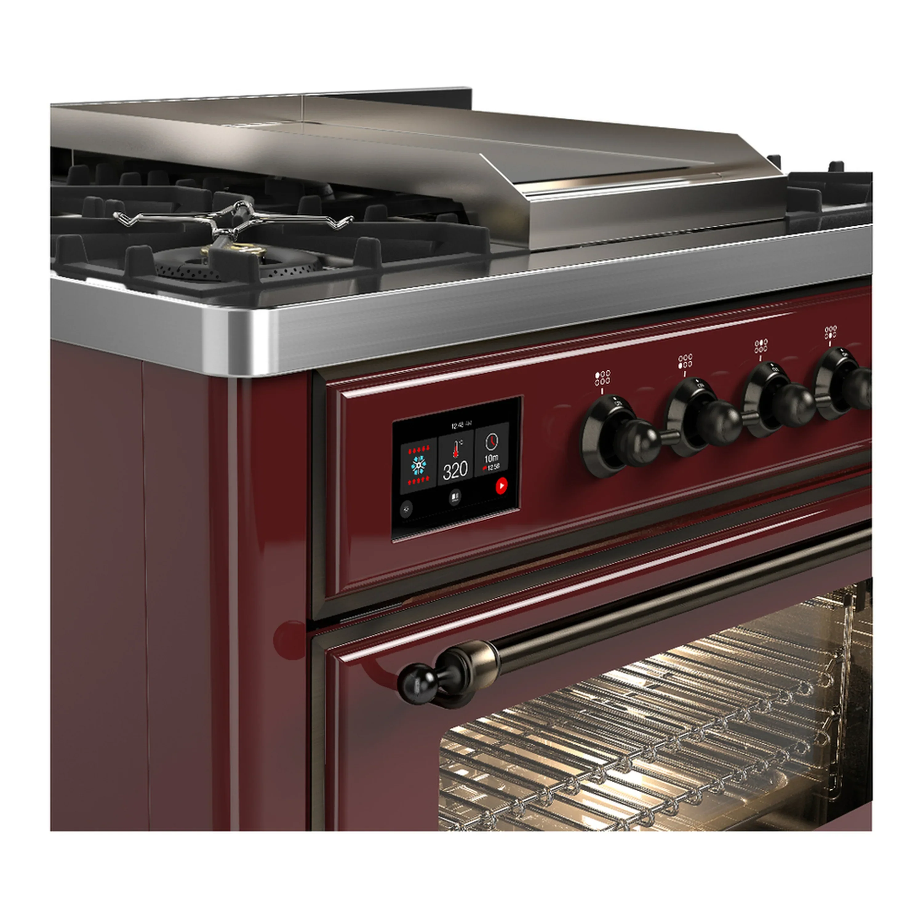 ILVE Majestic III 36-inch Dual Fuel Range with 5 Liquid Propane Burner, Griddle and Triple Glass Door Electric Oven in Burgundy with Burnished Trim (UM36FNR3BUBLP) - Image 5