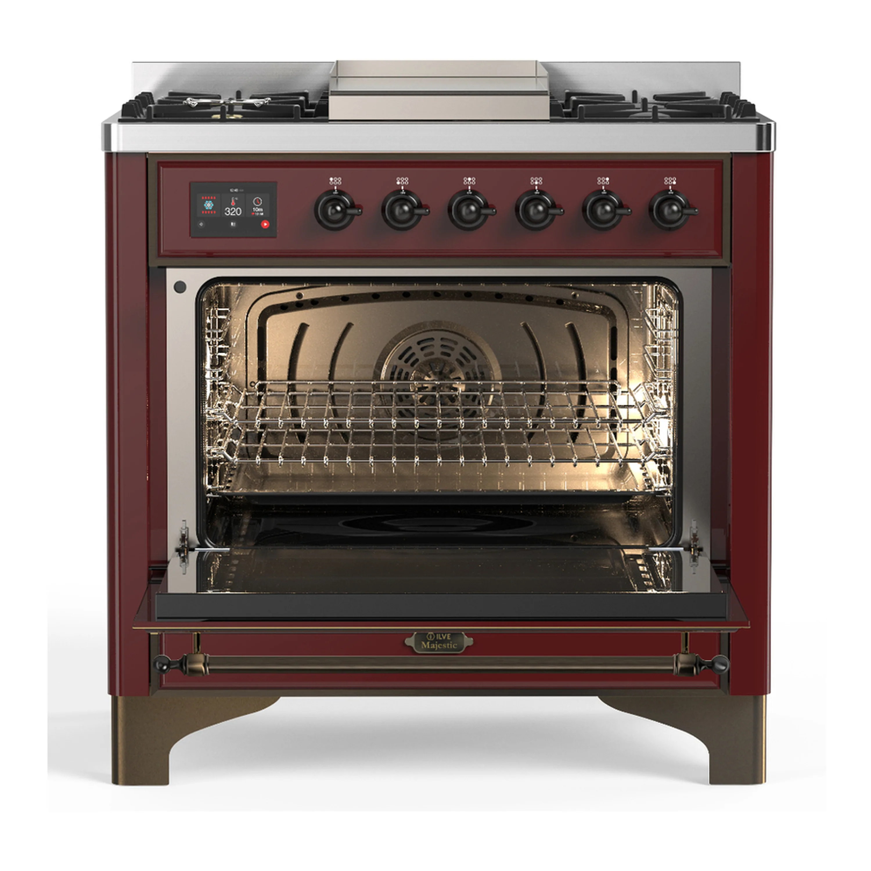 ILVE Majestic III 36-inch Dual Fuel Range with 6 Natural Gas Burner, Griddle and Solid Door Electric Oven in Burgundy with Burnished Trim (UM36FQNR3BUB) - Image 4