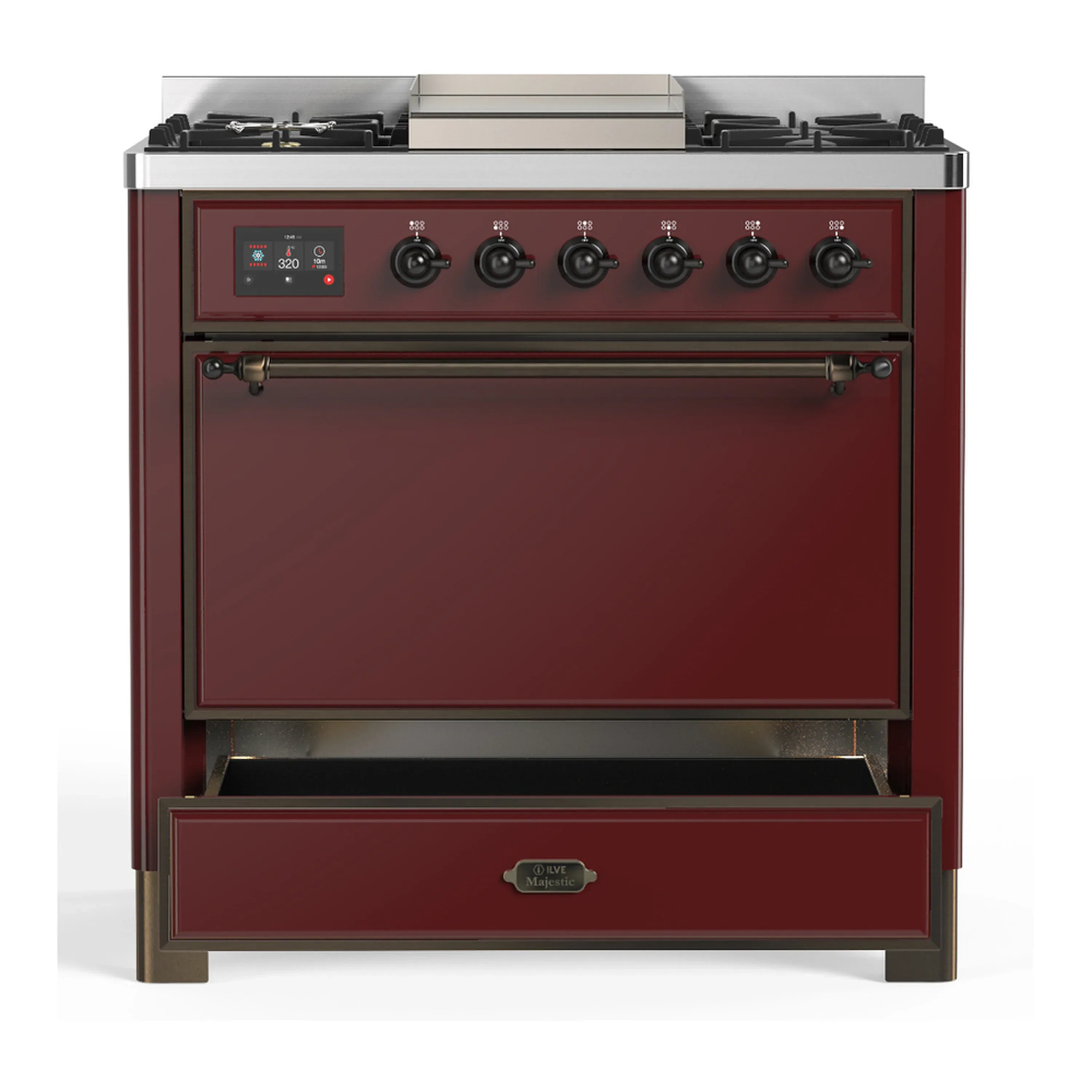 ILVE Majestic III 36-inch Dual Fuel Range with 5 Liquid Propane Burner, Griddle and Solid Door Electric Oven in Burgundy with Burnished Trim (UM36FQNR3BUBLP) - Image 3