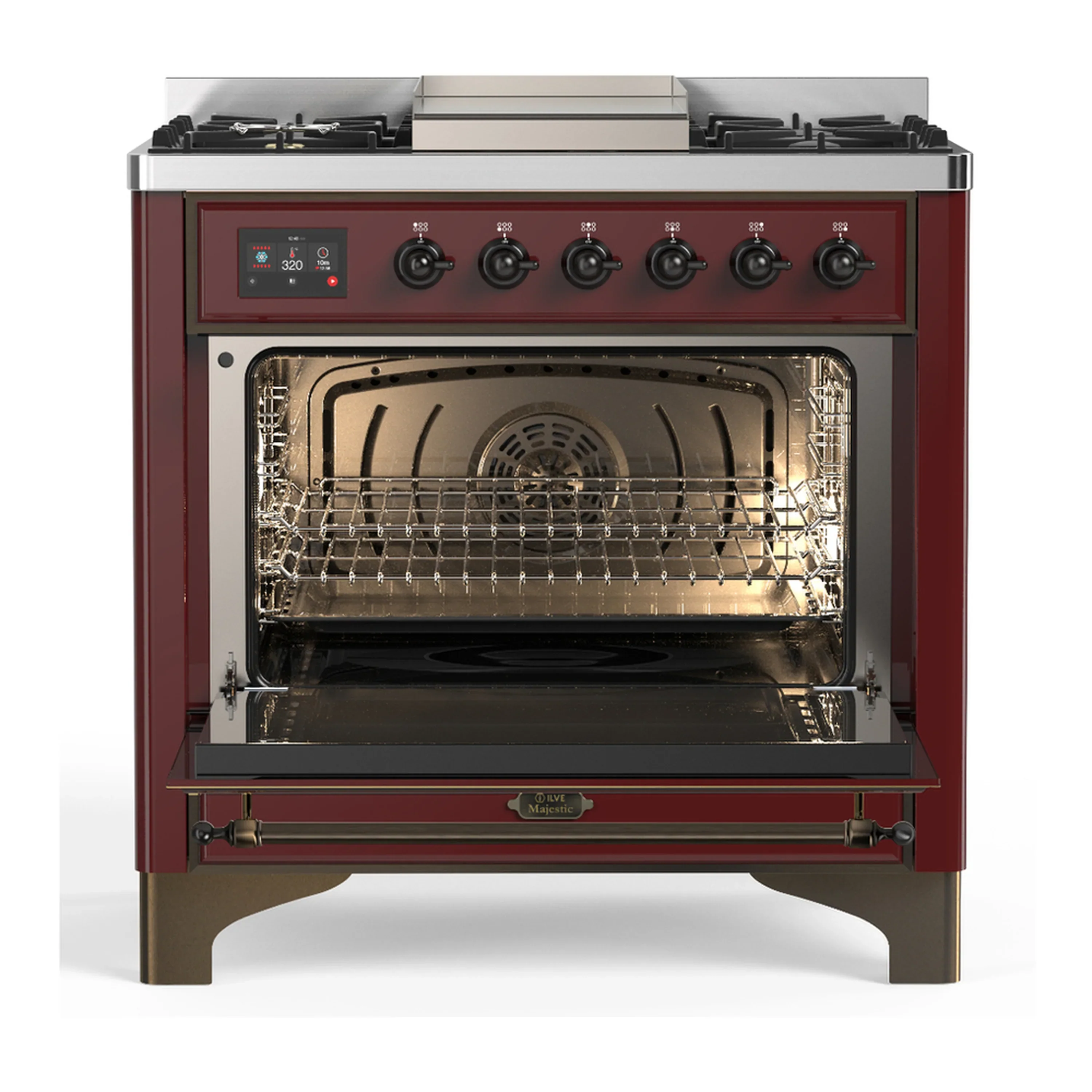 ILVE Majestic III 36-inch Dual Fuel Range with 5 Liquid Propane Burner, Griddle and Solid Door Electric Oven in Burgundy with Burnished Trim (UM36FQNR3BUBLP) - Image 4