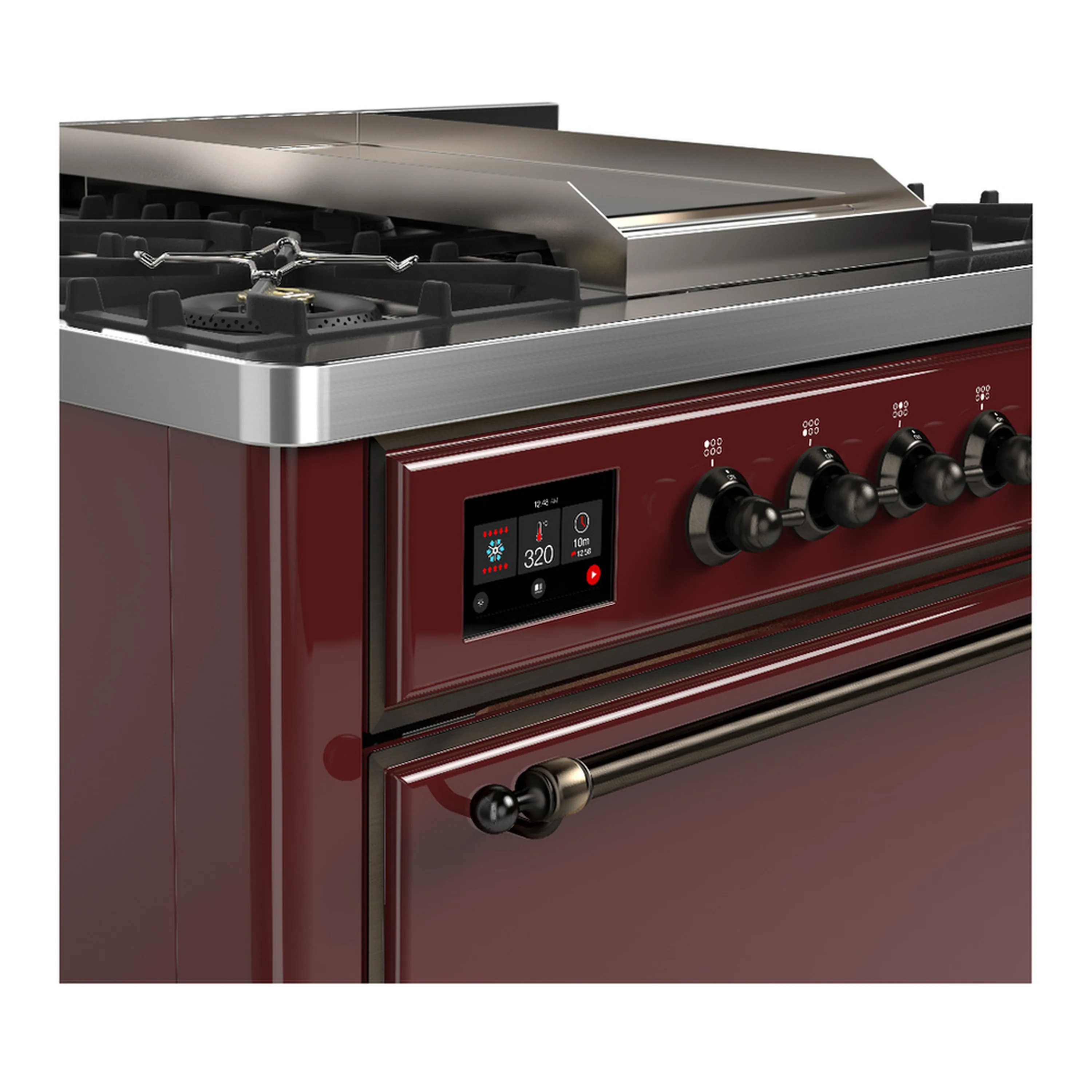 ILVE Majestic III 36-inch Dual Fuel Range with 5 Liquid Propane Burner, Griddle and Solid Door Electric Oven in Burgundy with Burnished Trim (UM36FQNR3BUBLP) - Image 5