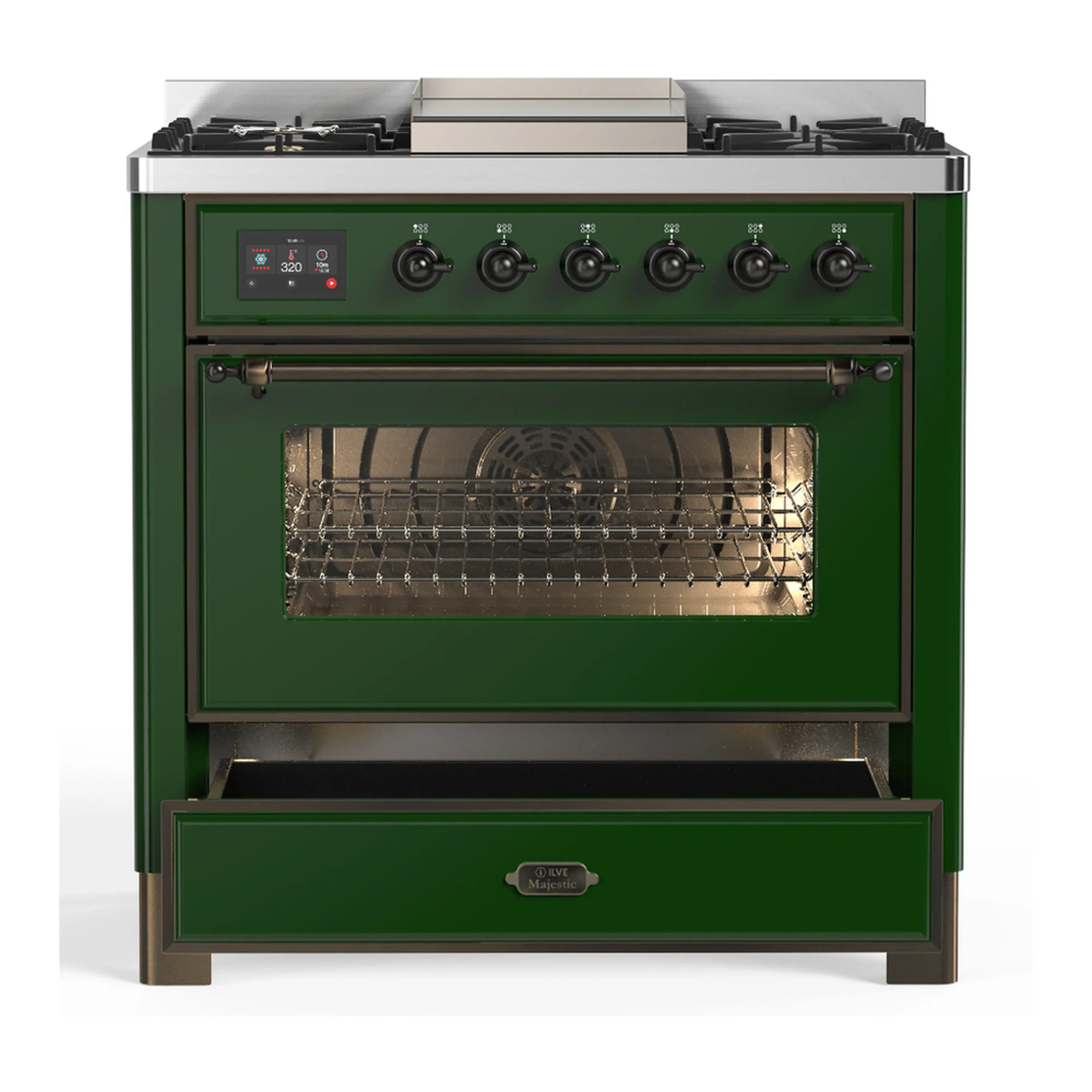 ILVE Majestic III 36-inch Dual Fuel Range with 6 Natural Gas Burner, Griddle and Triple Glass Door Electric Oven in Emerald Green with Burnished Trim (UM36FNR3EGB) - Image 3