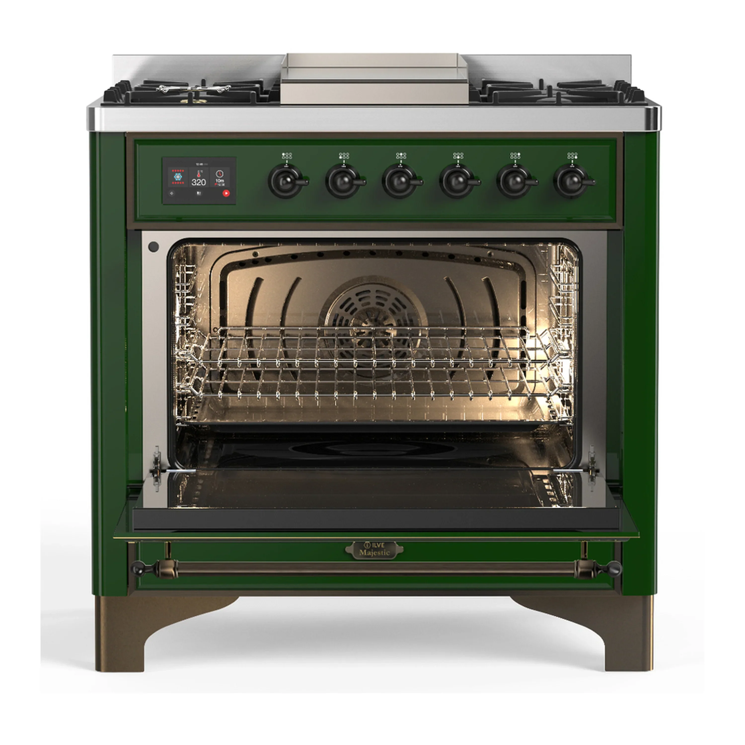ILVE Majestic III 36-inch Dual Fuel Range with 6 Natural Gas Burner, Griddle and Triple Glass Door Electric Oven in Emerald Green with Burnished Trim (UM36FNR3EGB) - Image 4