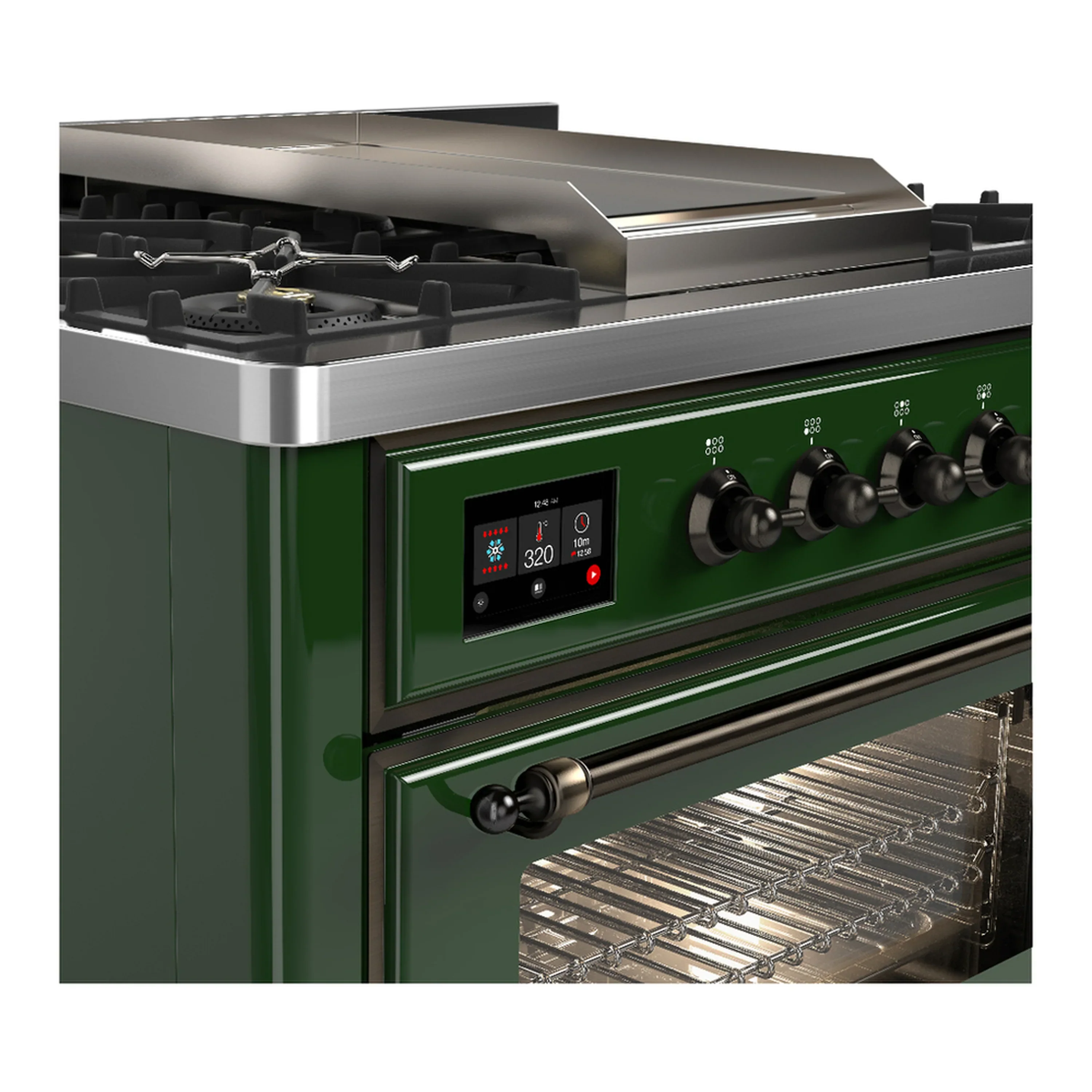ILVE Majestic III 36-inch Dual Fuel Range with 5 Liquid Propane Burner, Griddle and Triple Glass Door Electric Oven in Emerald Green with Burnished Trim (UM36FNR3EGBLP) - Image 5