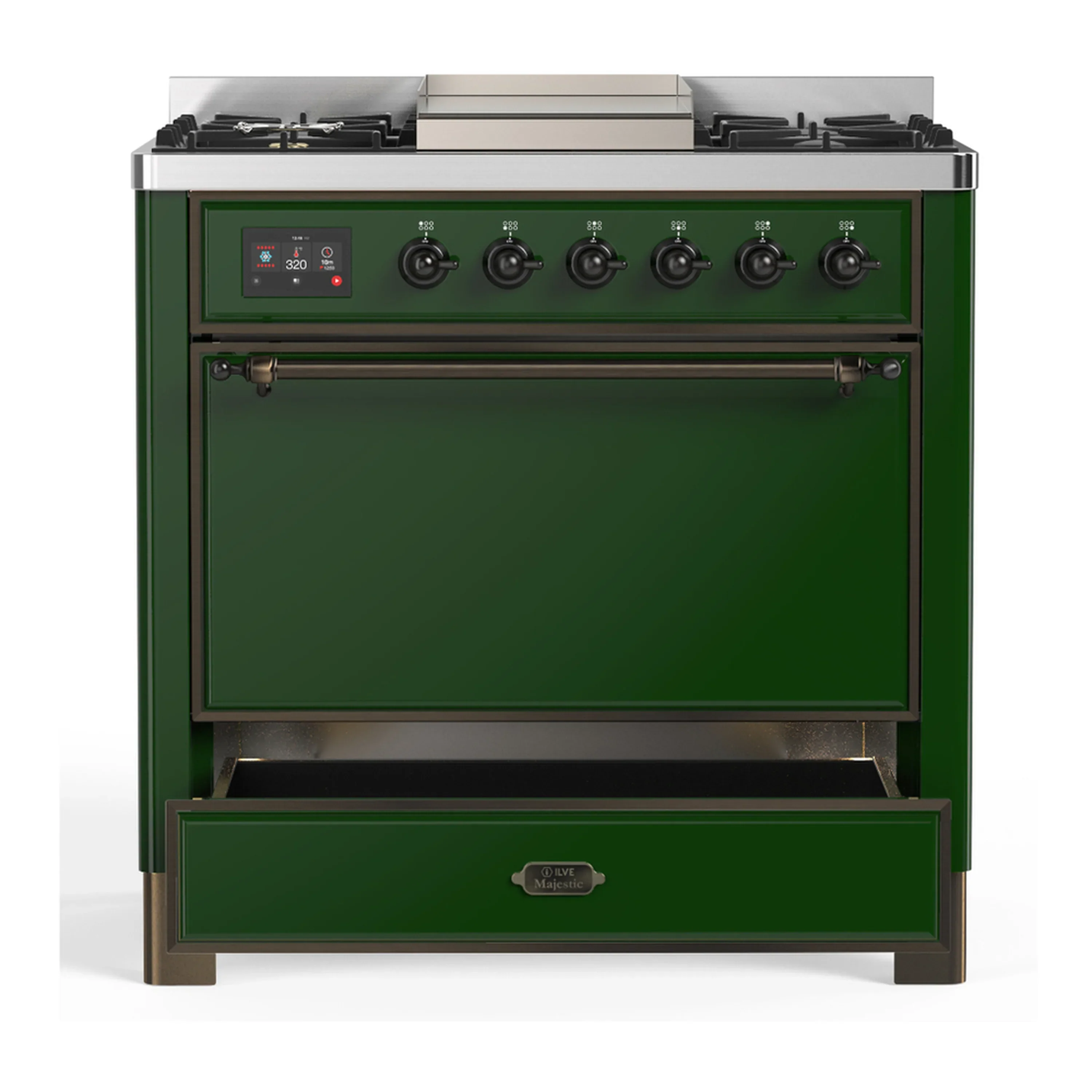ILVE Majestic III 36-inch Dual Fuel Range with 6 Natural Gas Burner, Griddle and Solid Door Electric Oven in Emerald Green with Burnished Trim (UM36FQNR3EGB) - Image 3