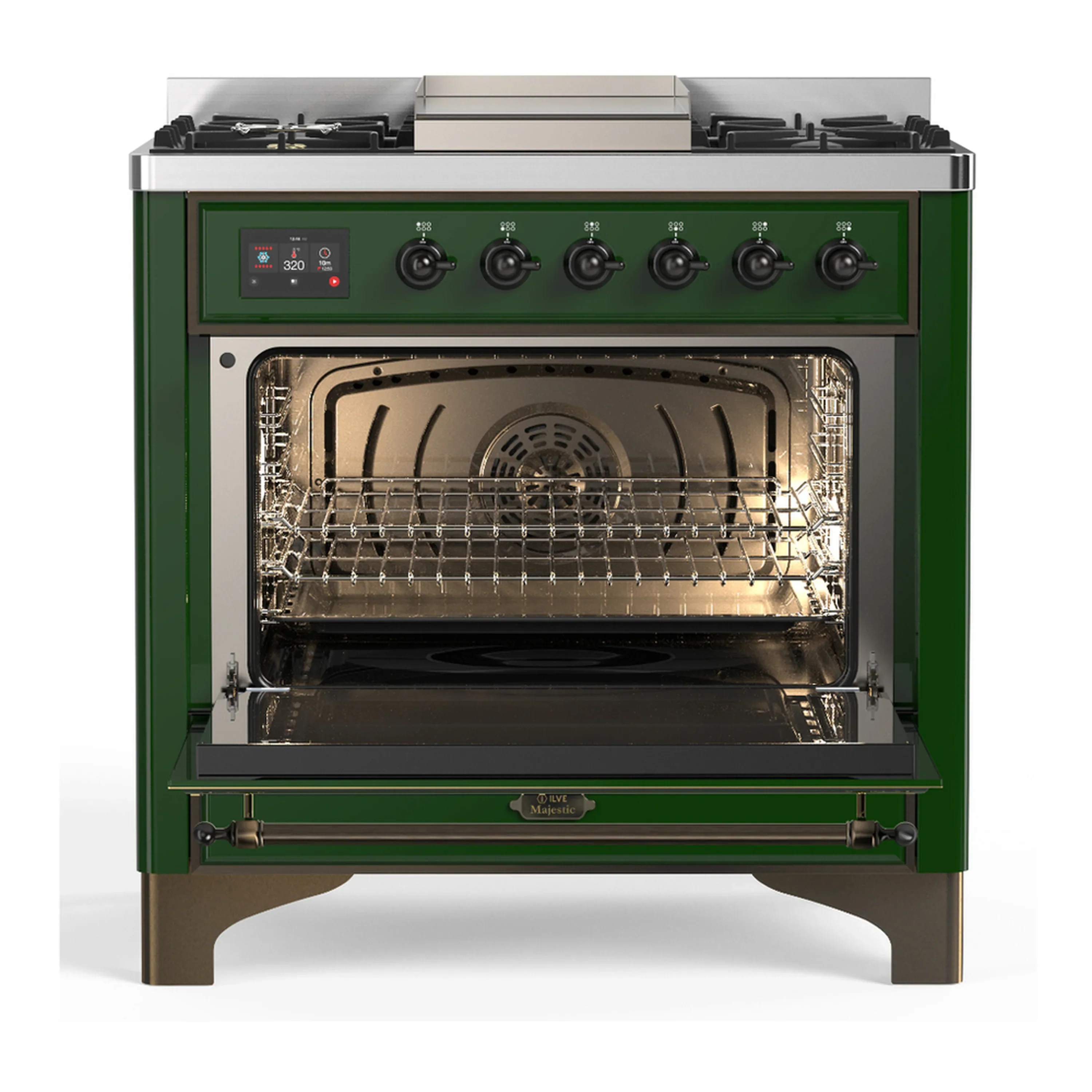 ILVE Majestic III 36-inch Dual Fuel Range with 6 Natural Gas Burner, Griddle and Solid Door Electric Oven in Emerald Green with Burnished Trim (UM36FQNR3EGB) - Image 4