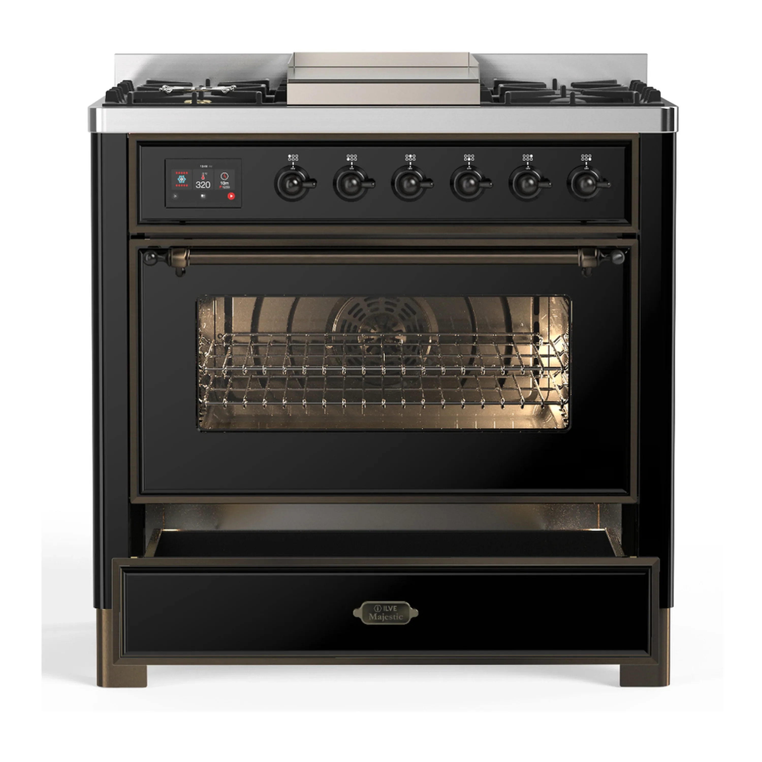 ILVE Majestic III 36-inch Dual Fuel Range with 6 Natural Gas Burner, Griddle and Triple Glass Door Electric Oven in Glossy Black with Burnished Trim (UM36FNR3BKB) - Image 3
