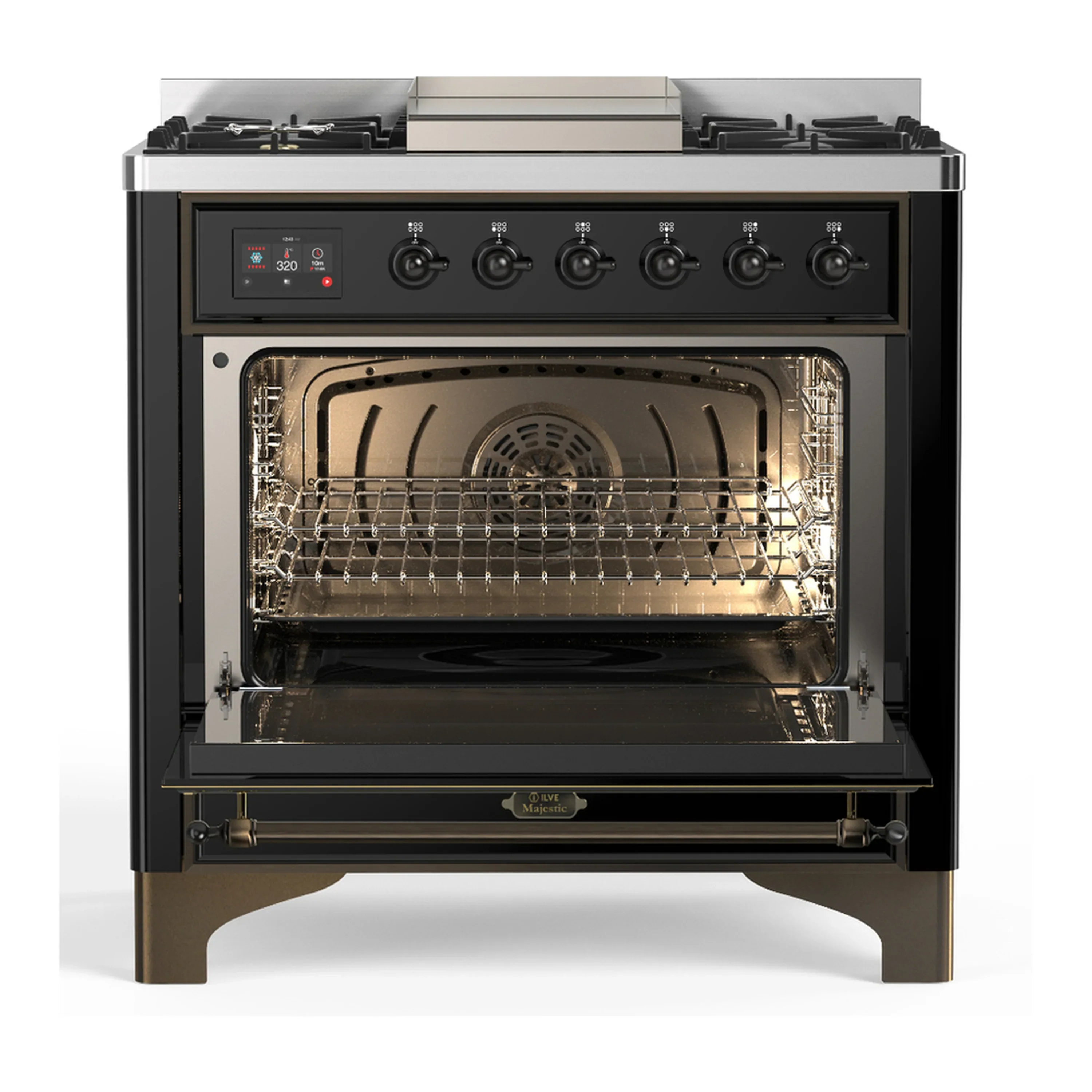 ILVE Majestic III 36-inch Dual Fuel Range with 6 Natural Gas Burner, Griddle and Triple Glass Door Electric Oven in Glossy Black with Burnished Trim (UM36FNR3BKB) - Image 4