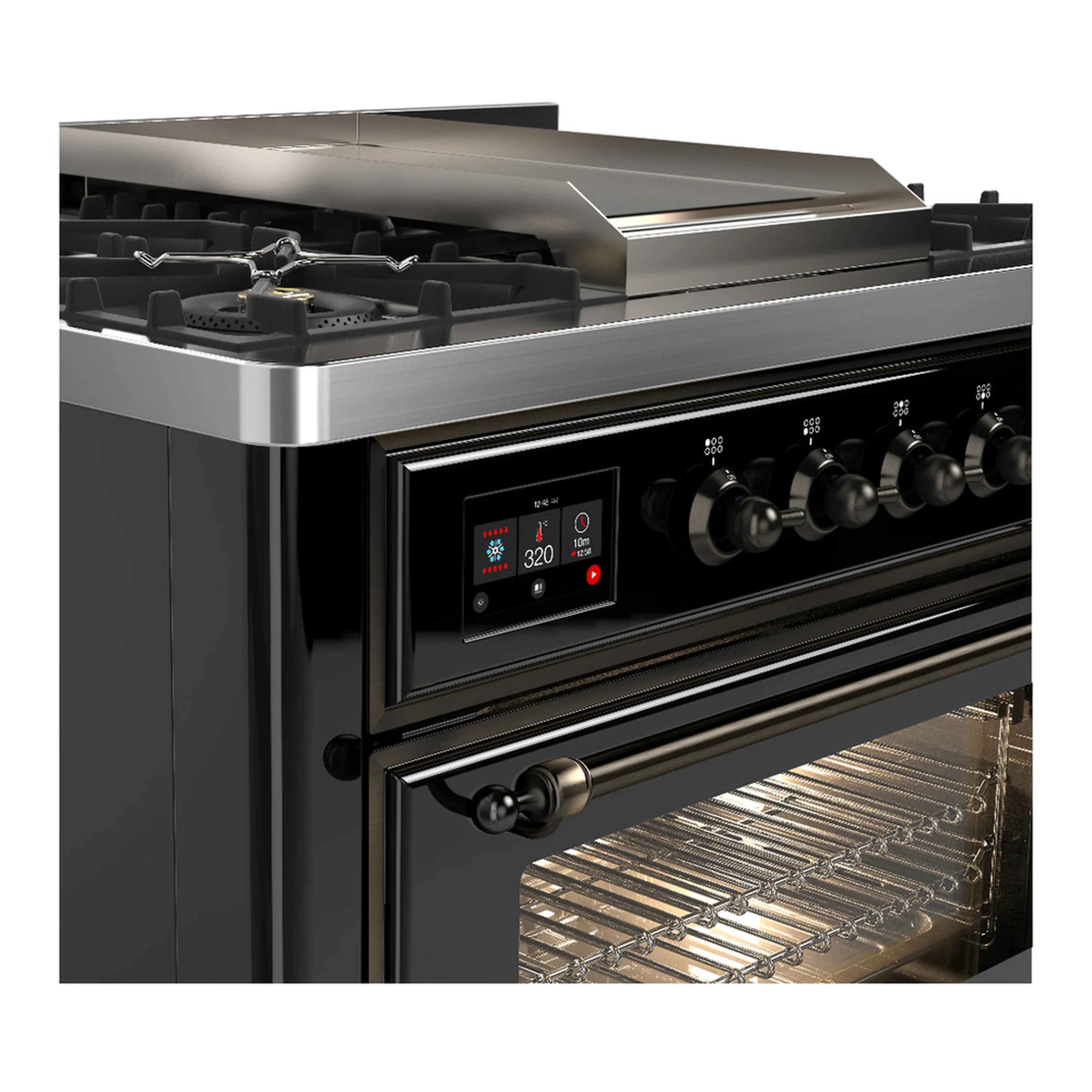 ILVE Majestic III 36-inch Dual Fuel Range with 6 Natural Gas Burner, Griddle and Triple Glass Door Electric Oven in Glossy Black with Burnished Trim (UM36FNR3BKB) - Image 5