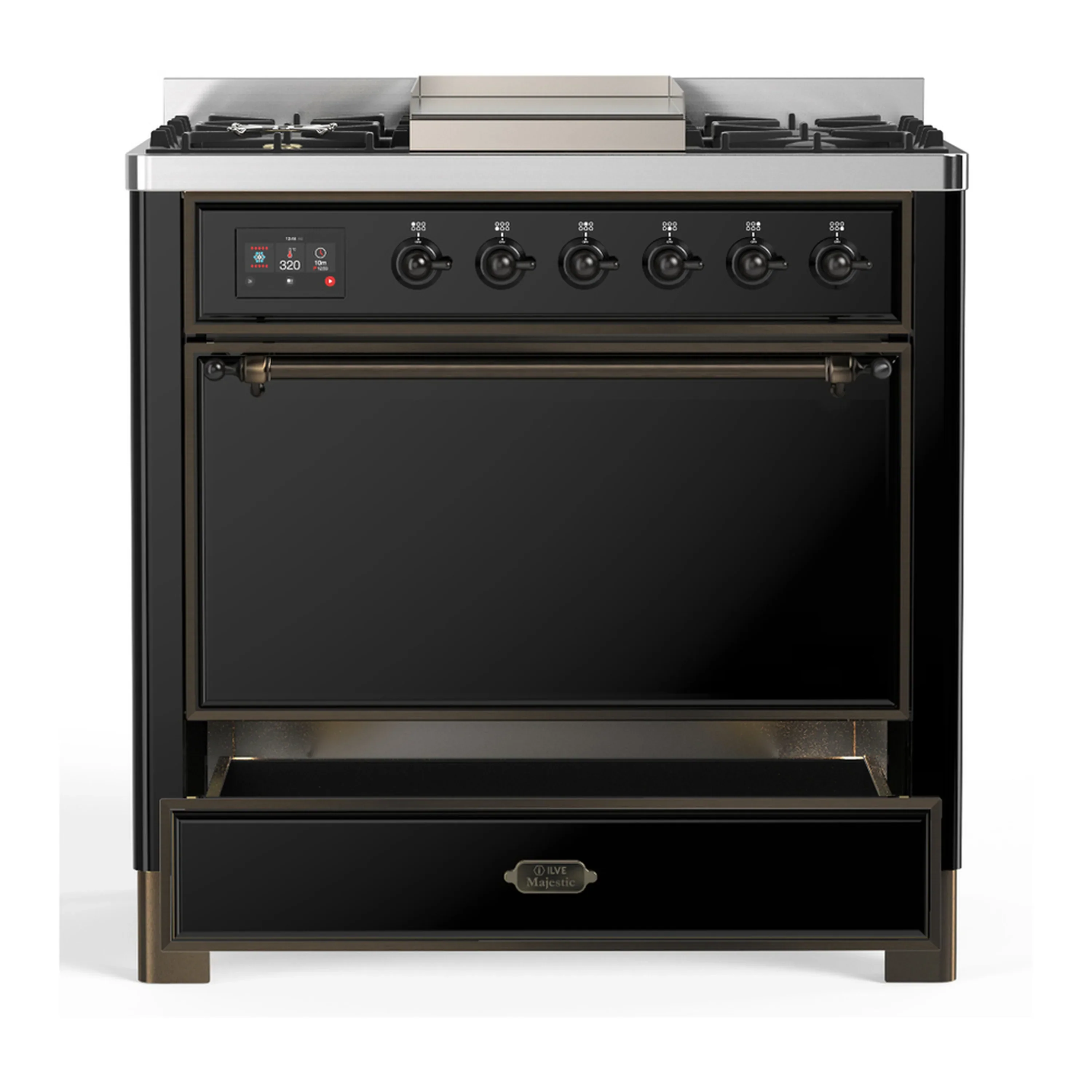 ILVE Majestic III 36-inch Dual Fuel Range with 6 Natural Gas Burner, Griddle and Solid Door Electric Oven in Glossy Black with Burnished Trim (UM36FQNR3BKB) - Image 3