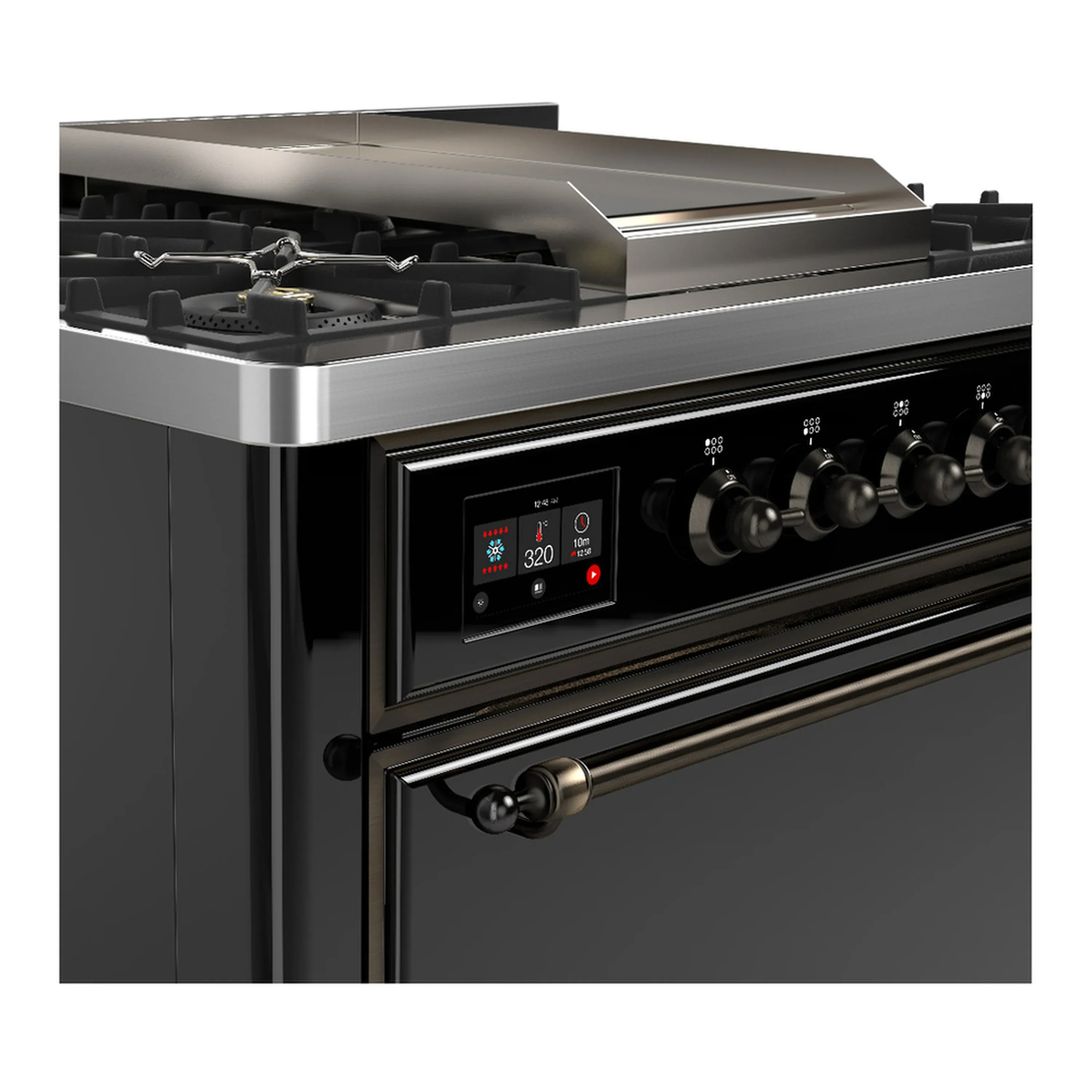 ILVE Majestic III 36-inch Dual Fuel Range with 6 Natural Gas Burner, Griddle and Solid Door Electric Oven in Glossy Black with Burnished Trim (UM36FQNR3BKB) - Image 5