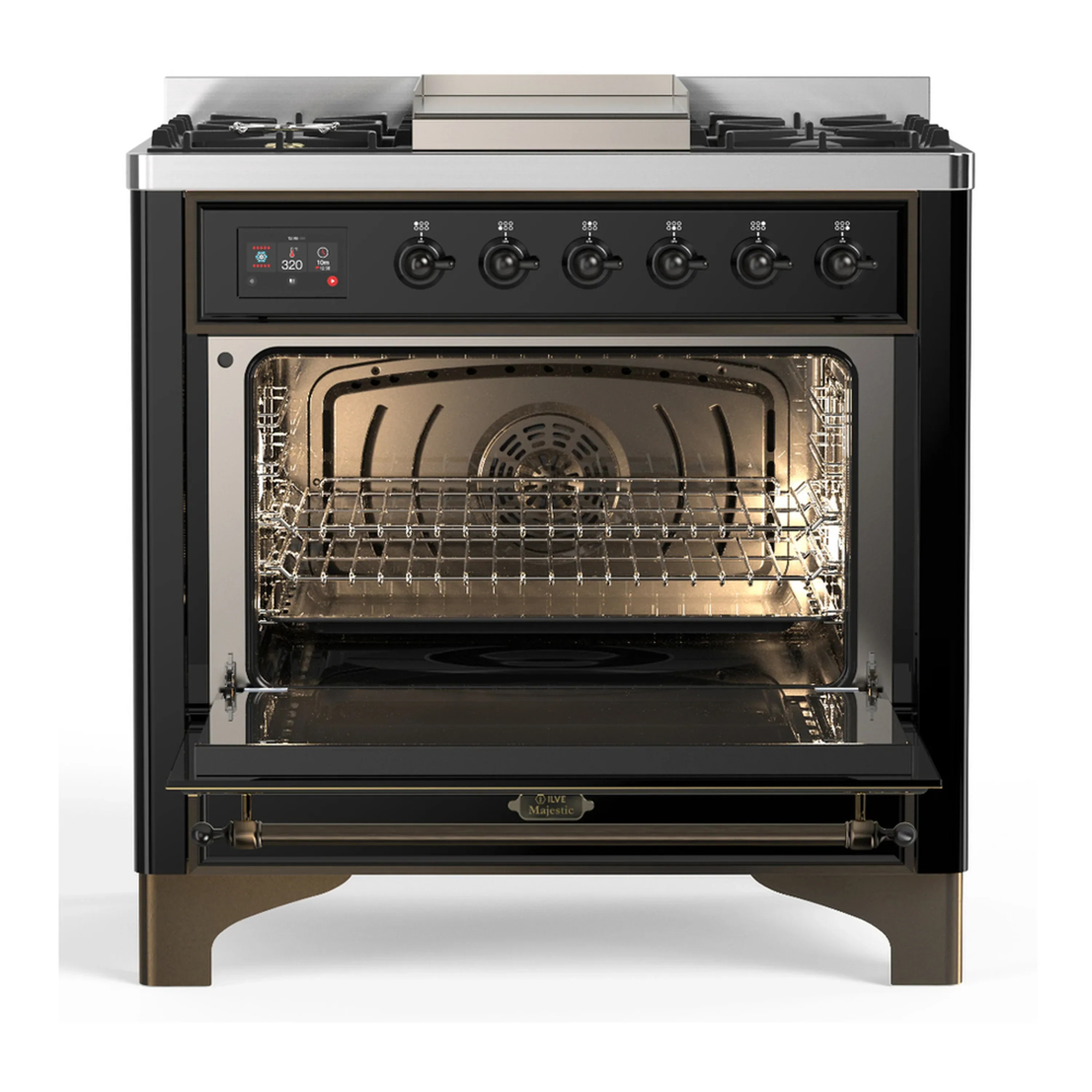 ILVE Majestic III 36-inch Dual Fuel Range with 5 Liquid Propane Burner, Griddle and Solid Door Electric Oven in Glossy Black with Burnished Trim (UM36FQNR3BKBLP) - Image 4