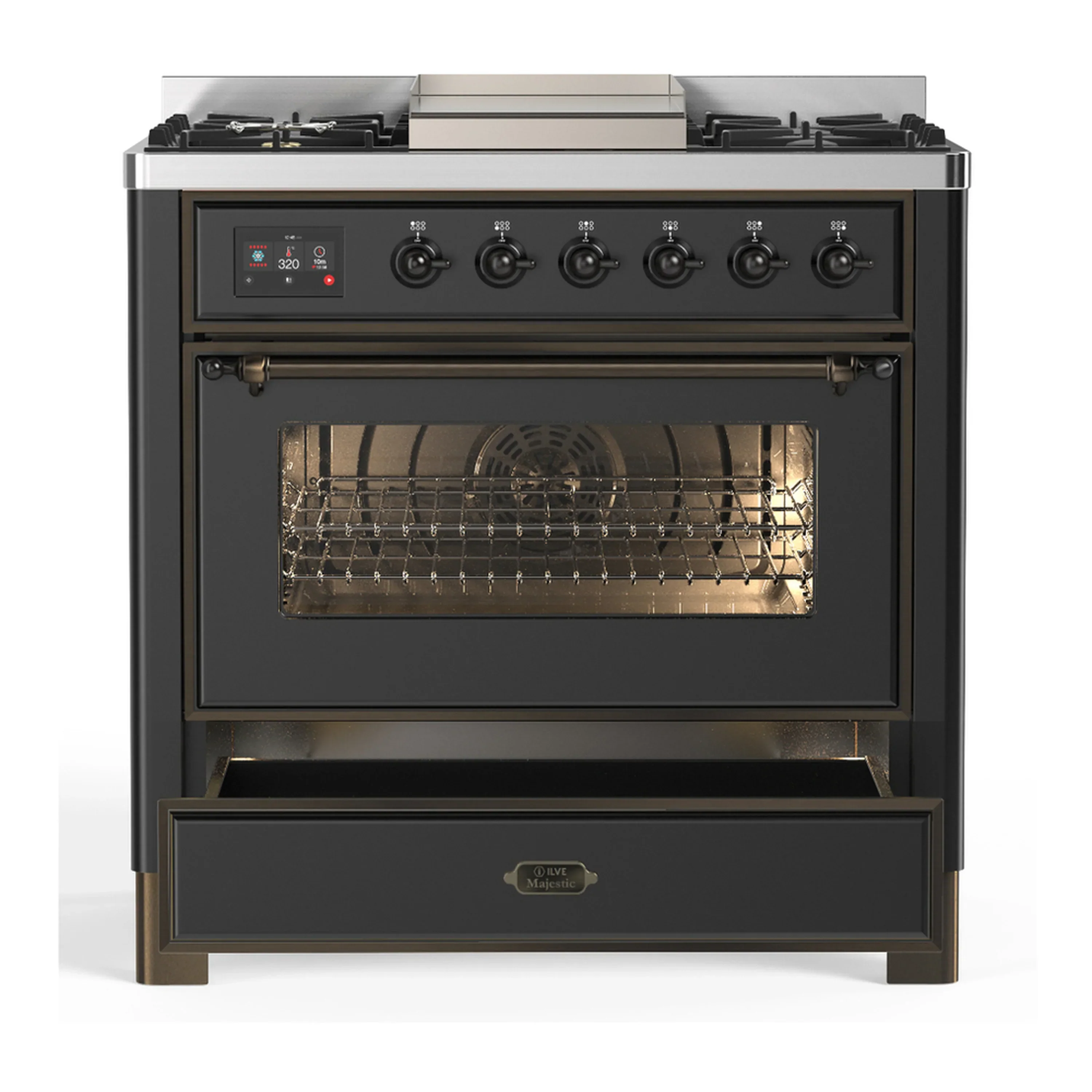 ILVE Majestic III 36-inch Dual Fuel Range with 6 Natural Gas Burner, Griddle and Triple Glass Door Electric Oven in Graphite Matte with Burnished Trim (UM36FNR3MGB) - Image 3
