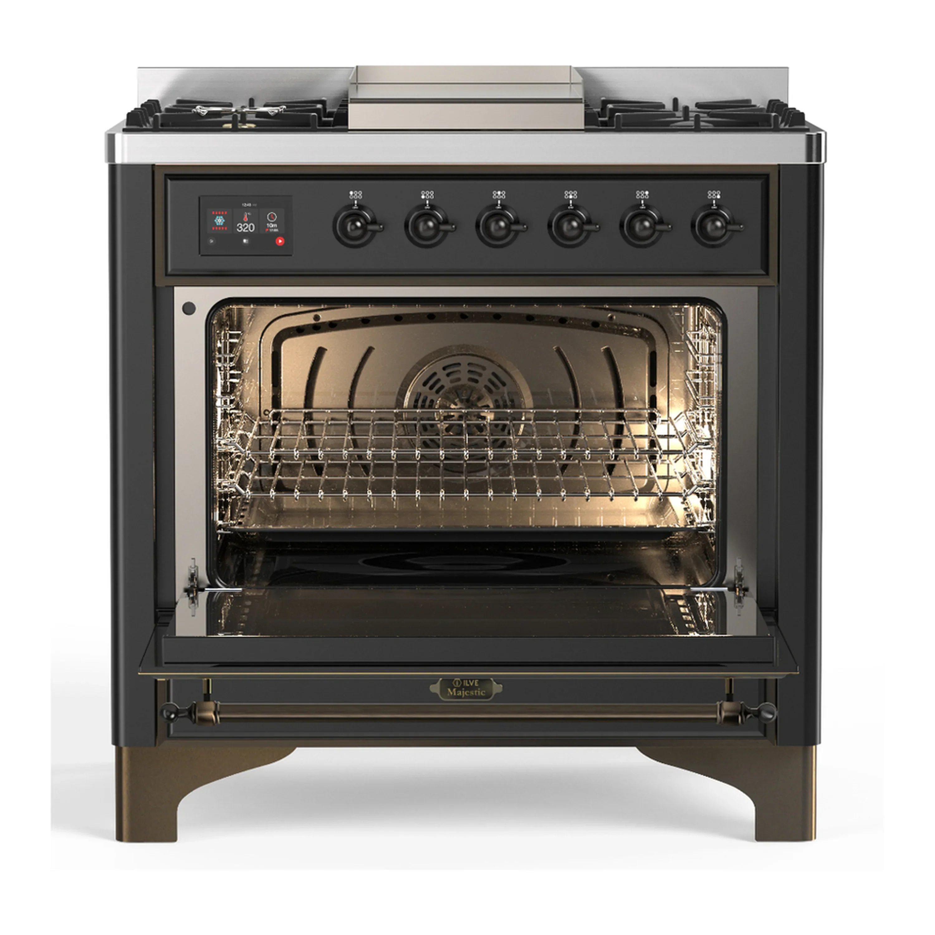 ILVE Majestic III 36-inch Dual Fuel Range with 6 Natural Gas Burner, Griddle and Triple Glass Door Electric Oven in Graphite Matte with Burnished Trim (UM36FNR3MGB) - Image 4