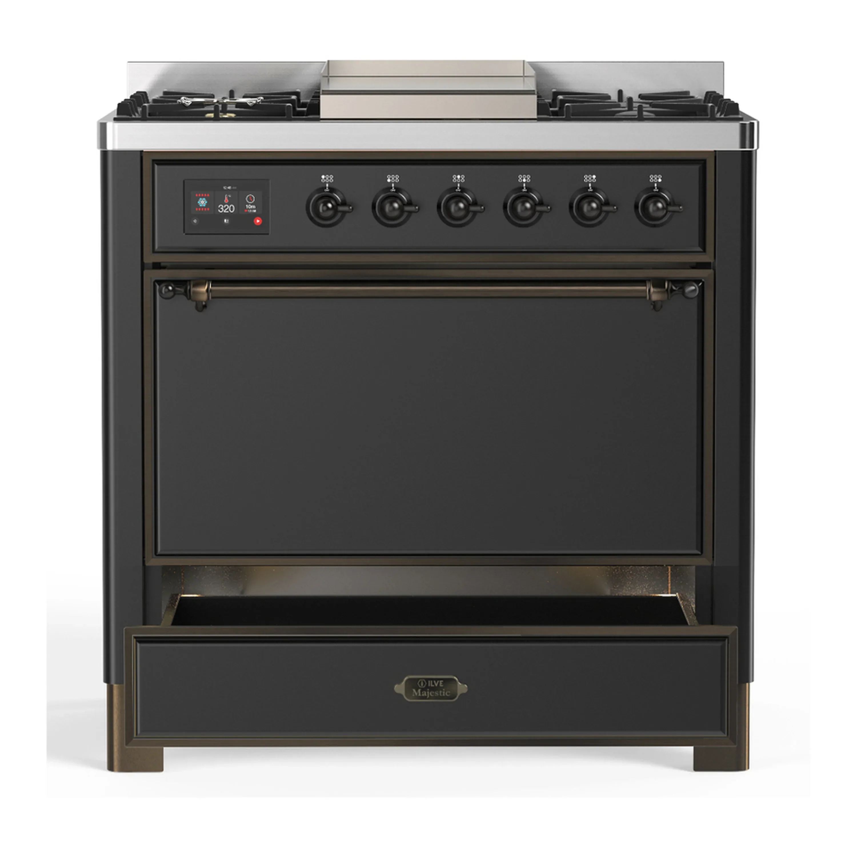 ILVE Majestic III 36-inch Dual Fuel Range with 6 Natural Gas Burner, Griddle and Solid Door Electric Oven in Graphite Matte with Burnished Trim (UM36FQNR3MGB) - Image 3