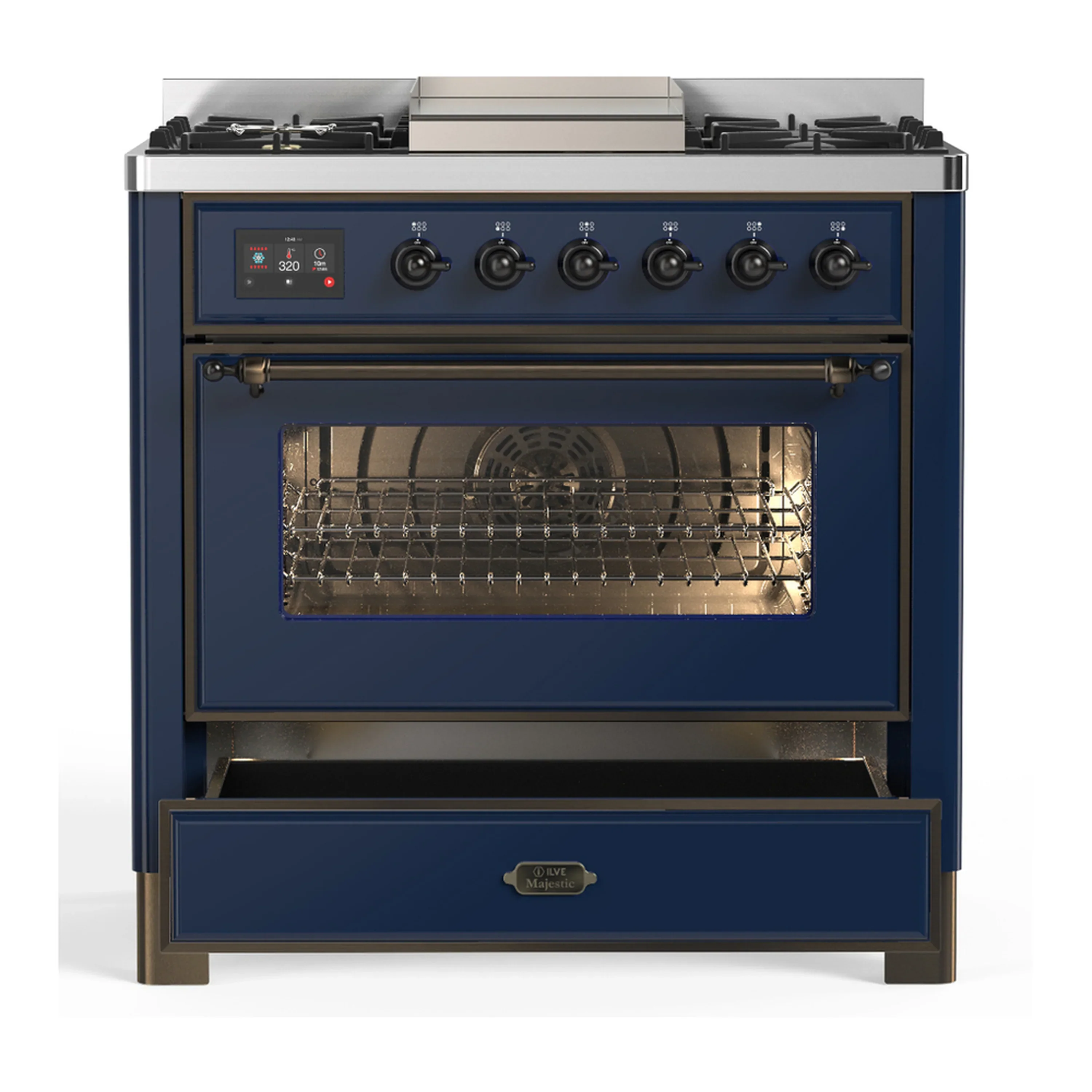 ILVE Majestic III 36-inch Dual Fuel Range with 6 Natural Gas Burner, Griddle and Triple Glass Door Electric Oven in Midnight Blue with Burnished Trim (UM36FNR3MBB) - Image 3