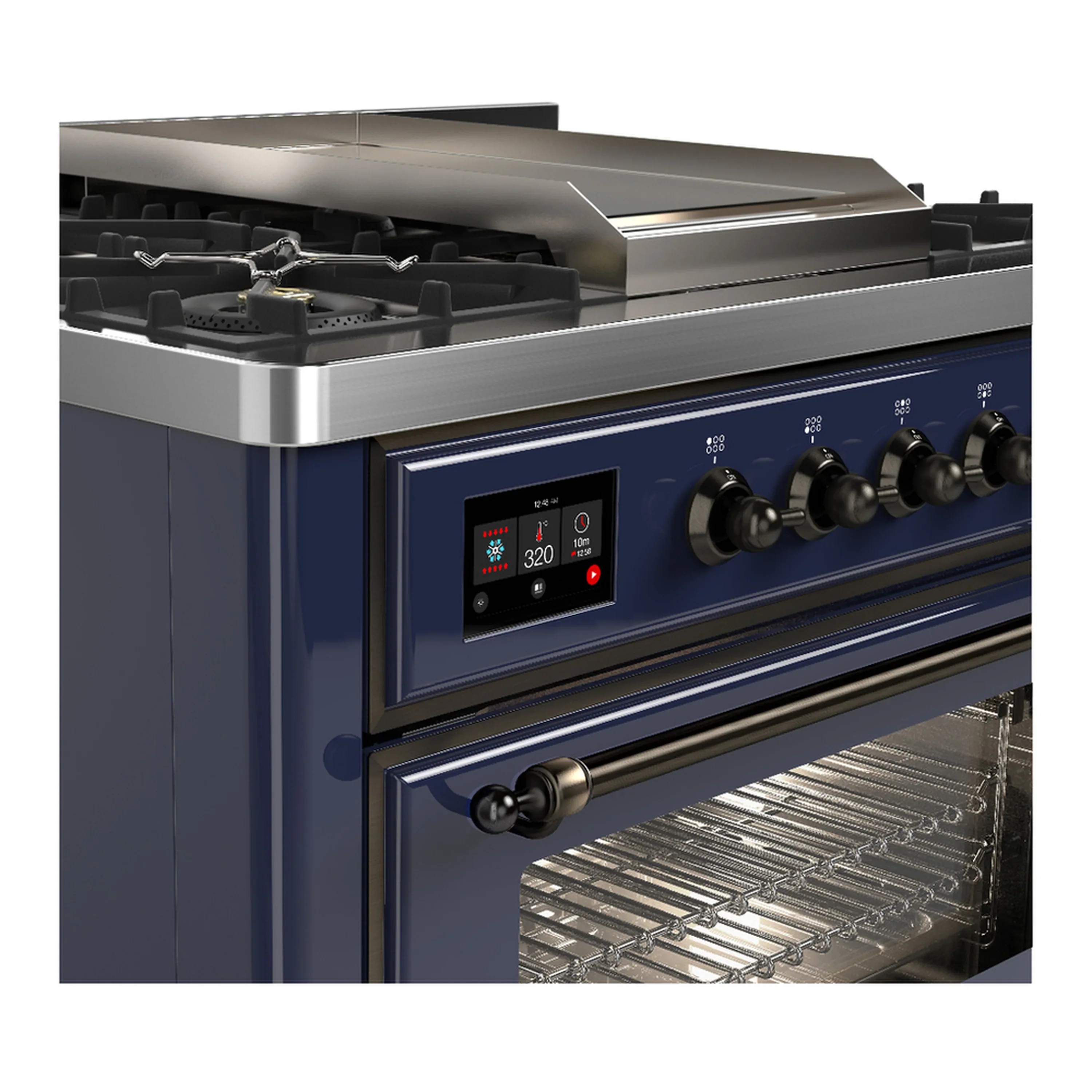 ILVE Majestic III 36-inch Dual Fuel Range with 6 Natural Gas Burner, Griddle and Triple Glass Door Electric Oven in Midnight Blue with Burnished Trim (UM36FNR3MBB) - Image 5