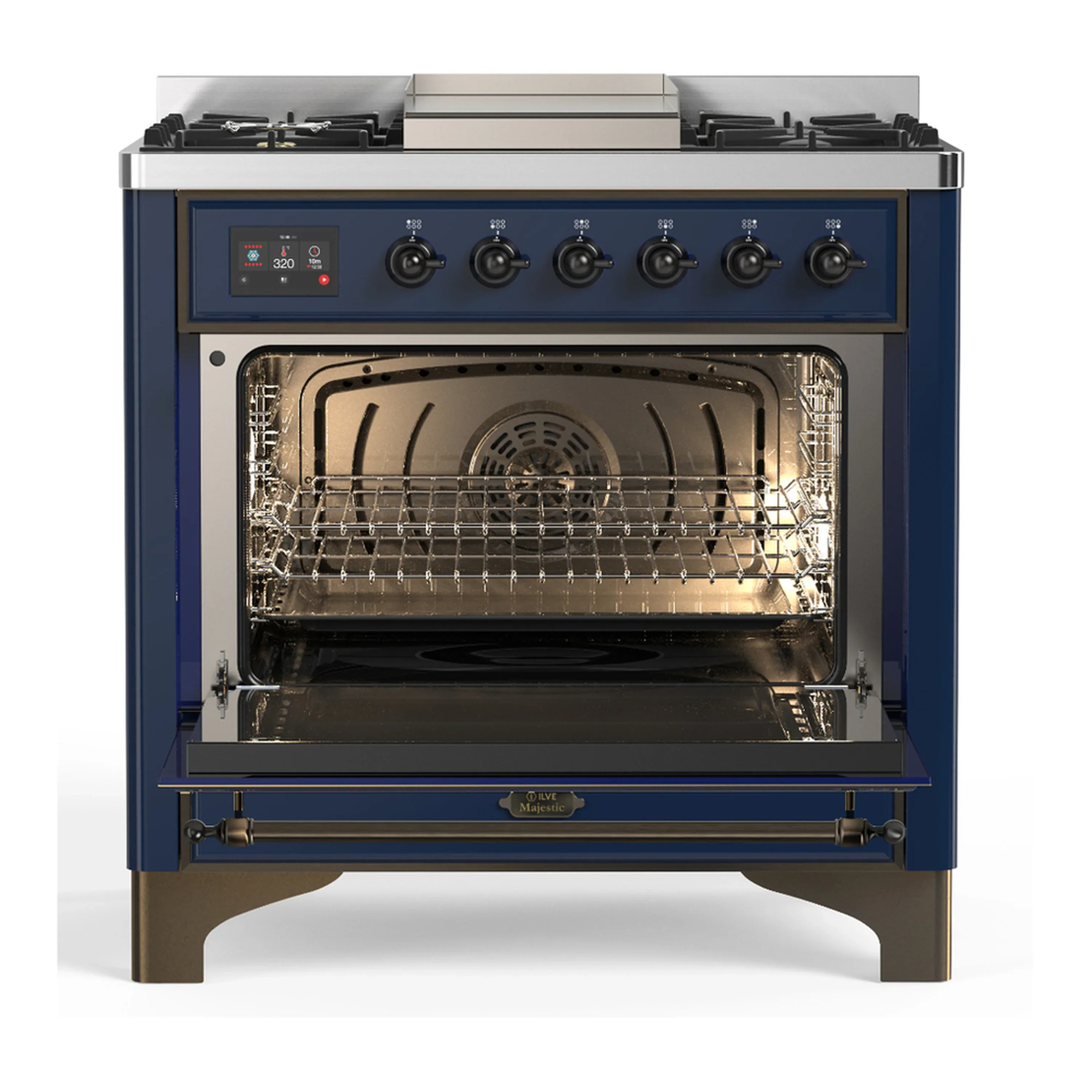 ILVE Majestic III 36-inch Dual Fuel Range with 5 Liquid Propane Burner, Griddle and Triple Glass Door Electric Oven in Midnight Blue with Burnished Trim (UM36FNR3MBBLP) - Image 4