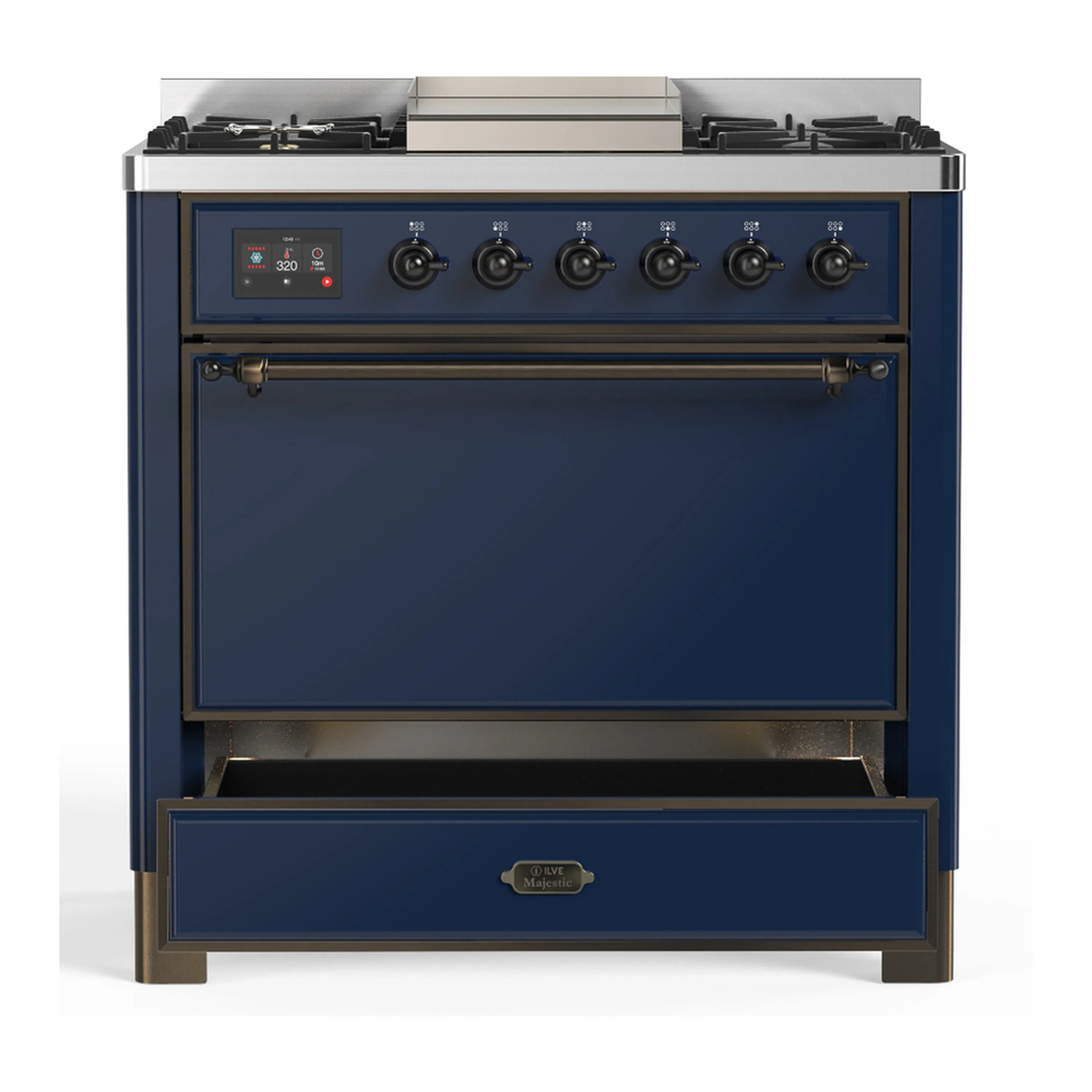 ILVE Majestic III 36-inch Dual Fuel Range with 5 Liquid Propane Burner, Griddle and Solid Door Electric Oven in Midnight Blue with Burnished Trim (UM36FQNR3MBBLP) - Image 3