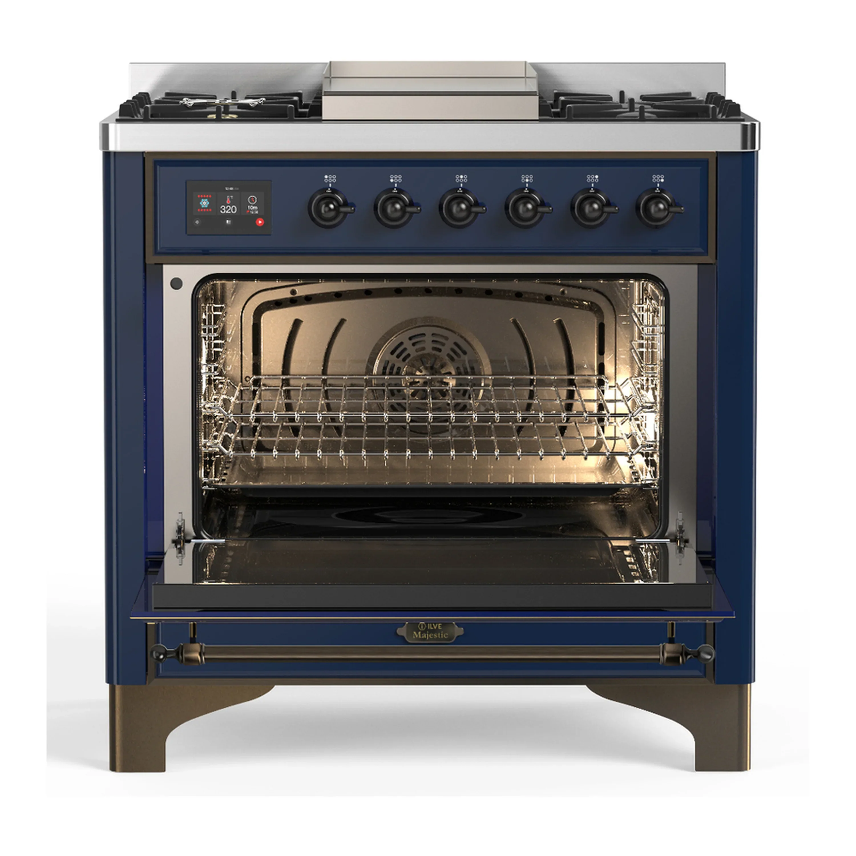 ILVE Majestic III 36-inch Dual Fuel Range with 5 Liquid Propane Burner, Griddle and Solid Door Electric Oven in Midnight Blue with Burnished Trim (UM36FQNR3MBBLP) - Image 4