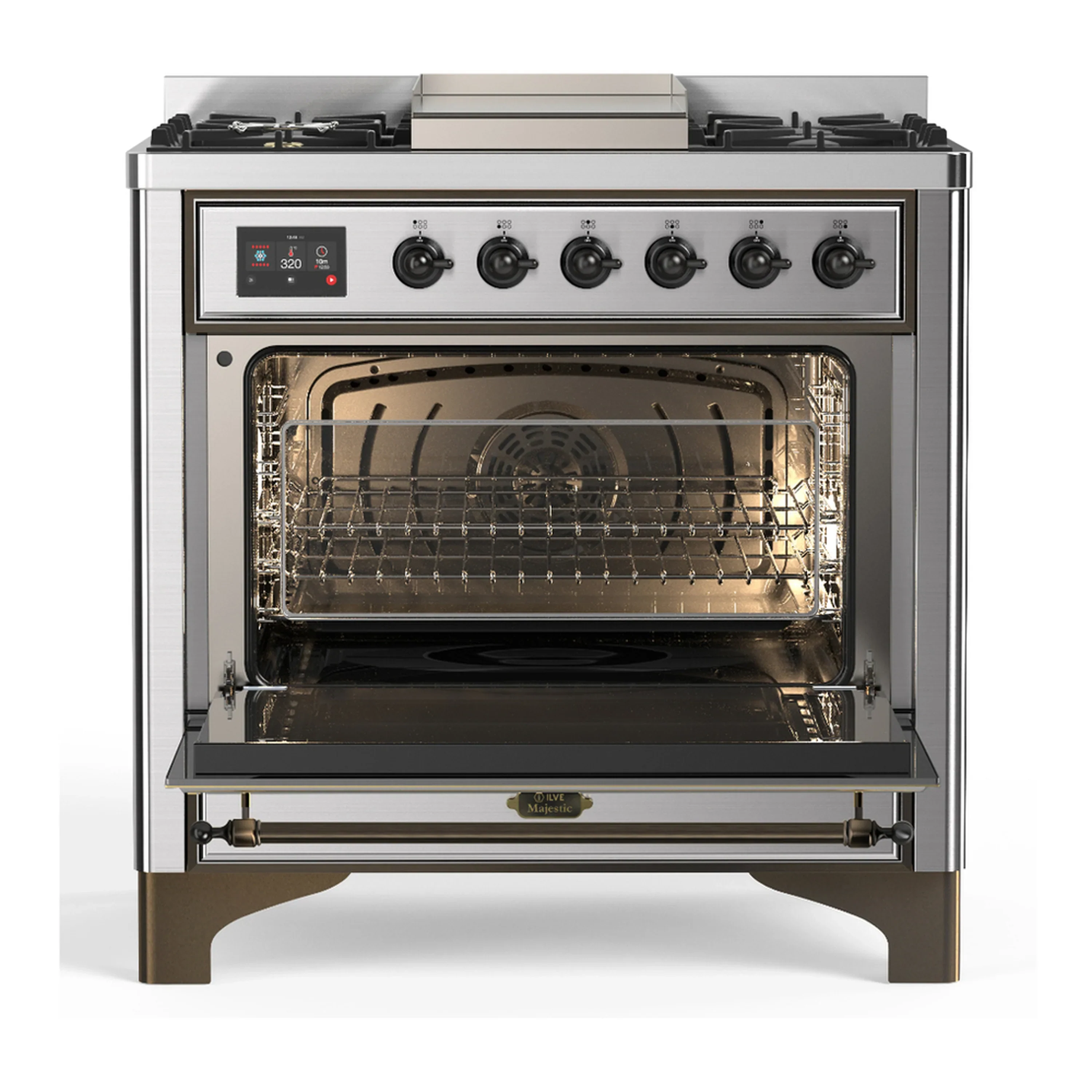 ILVE Majestic III 36-inch Dual Fuel Range with 6 Natural Gas Burner, Griddle and Triple Glass Door Electric Oven in Stainless Steel with Burnished Trim (UM36FNR3SSB) - Image 4