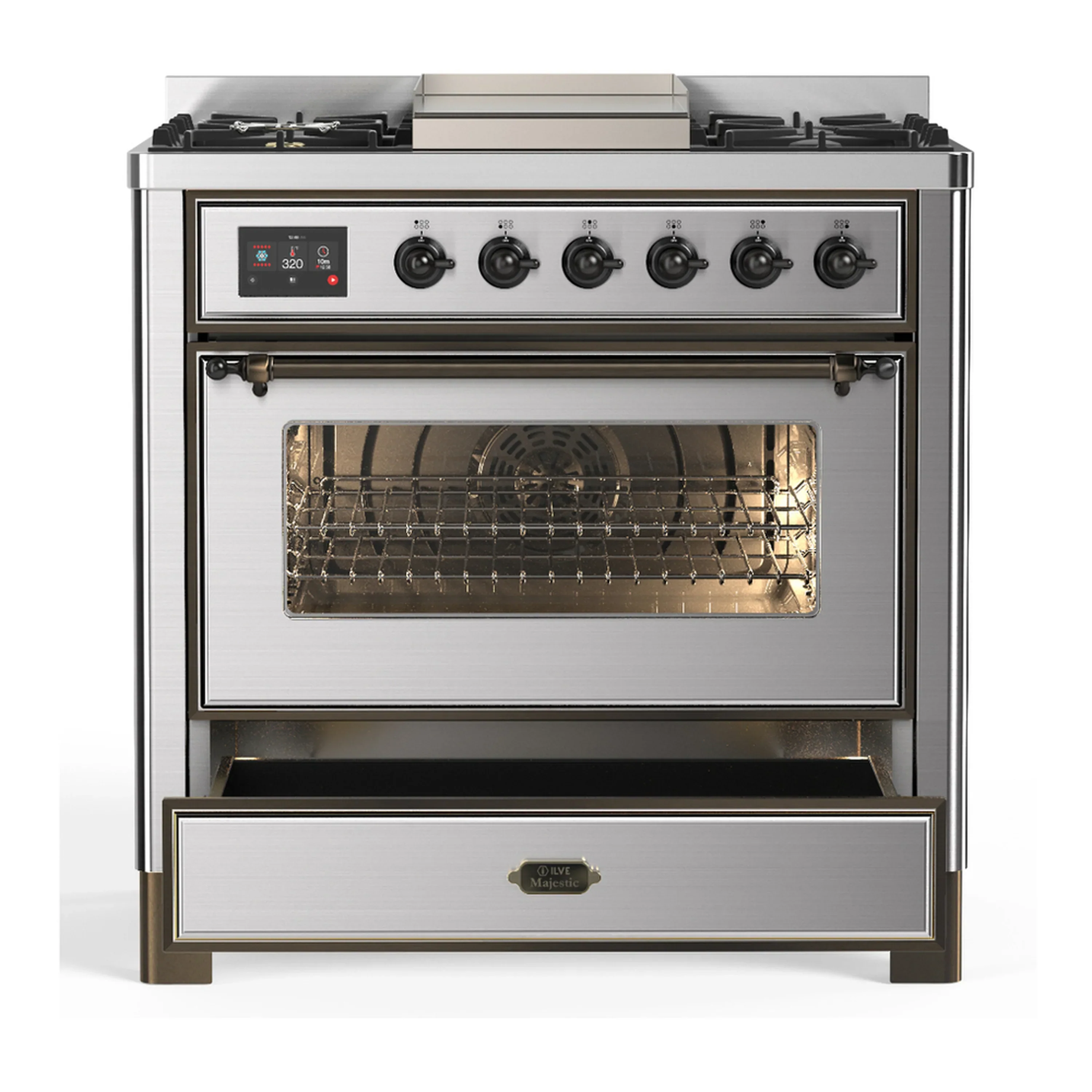 ILVE Majestic III 36-inch Dual Fuel Range with 5 Liquid Propane Burner, Griddle and Triple Glass Door Electric Oven in Stainless Steel with Burnished Trim (UM36FNR3SSBLP) - Image 3