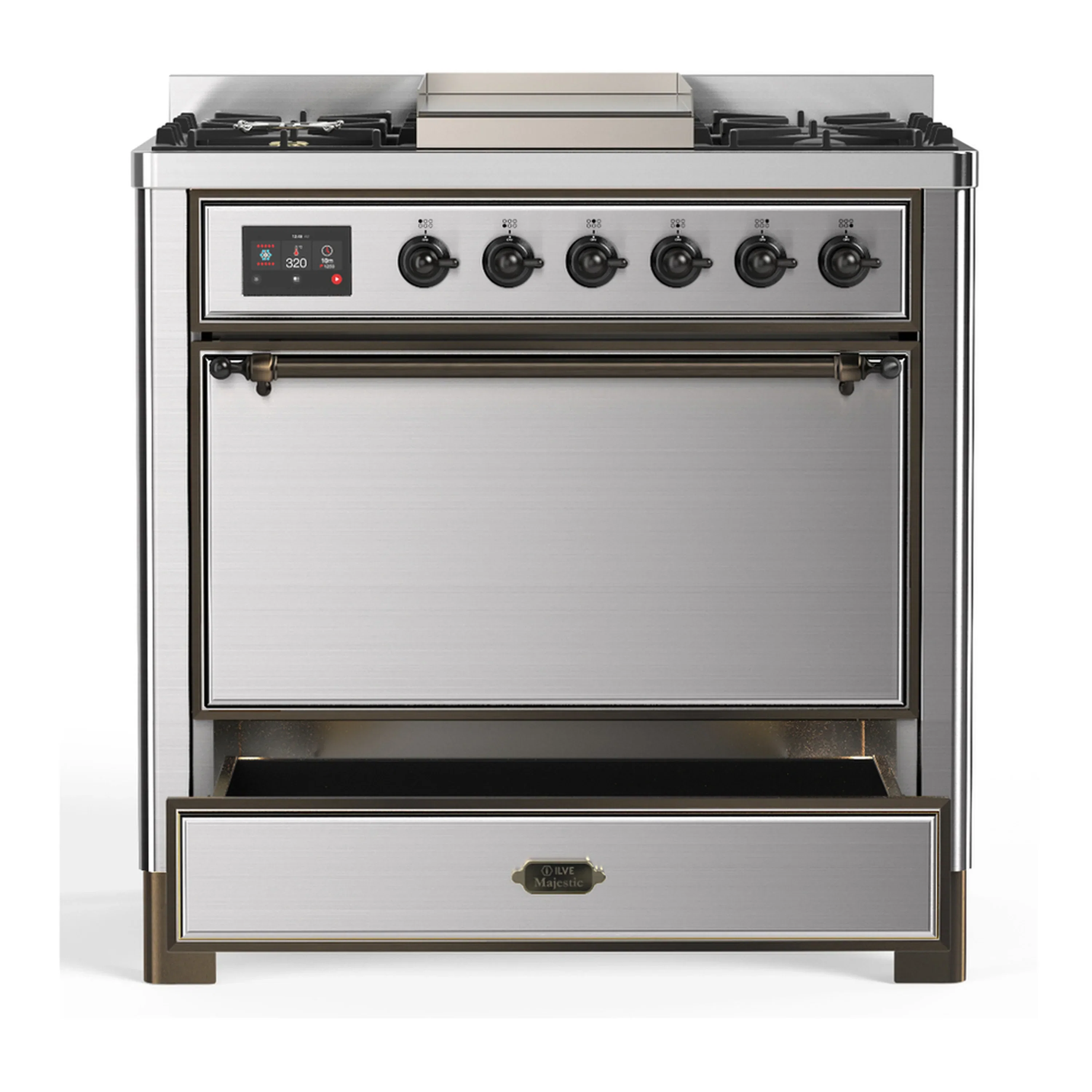 ILVE Majestic III 36-inch Dual Fuel Range with 6 Natural Gas Burner, Griddle and Solid Door Electric Oven in Stainless Steel with Burnished Trim (UM36FQNR3SSB) - Image 3