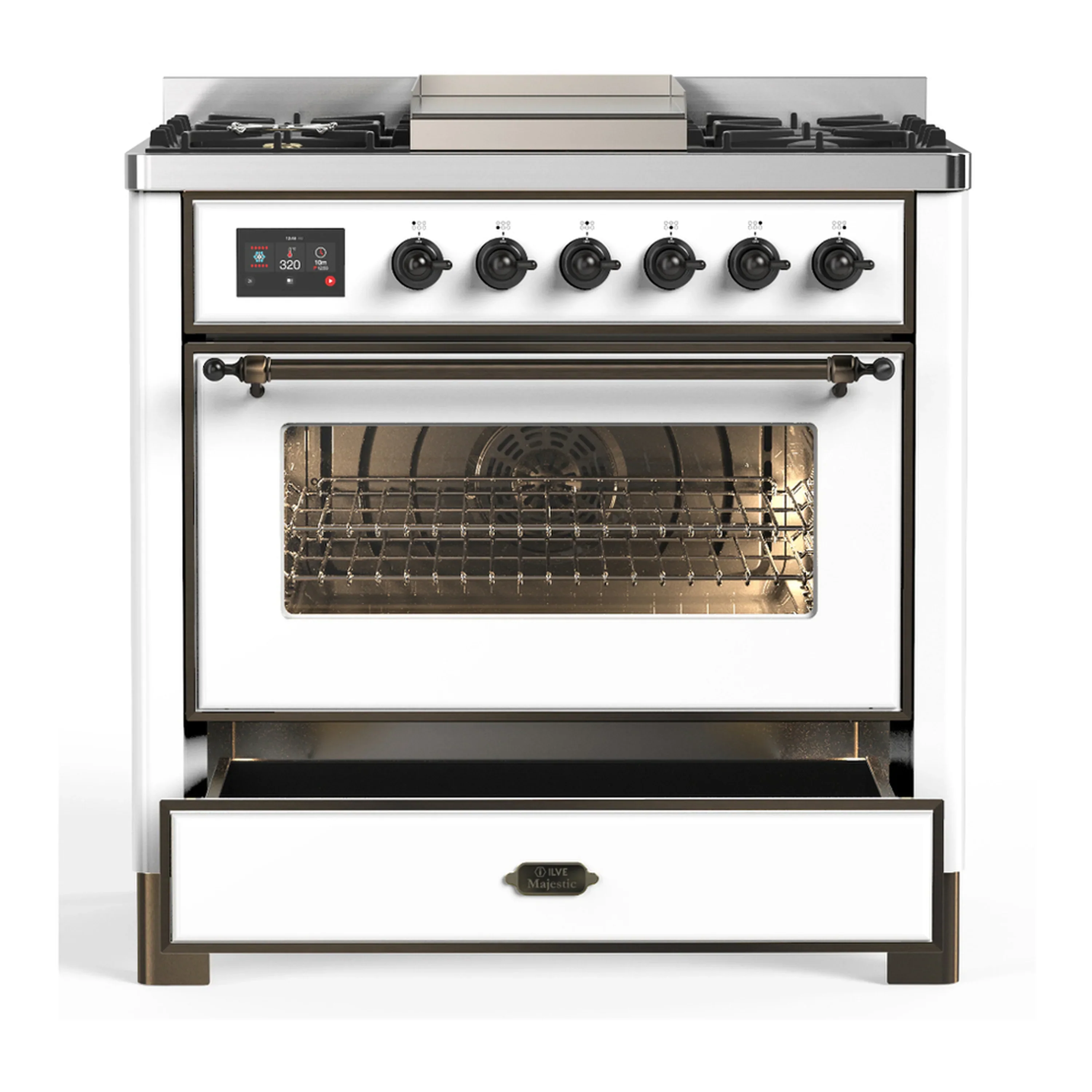 ILVE Majestic III 36-inch Dual Fuel Range with 5 Liquid Propane Burner, Griddle and Triple Glass Door Electric Oven in White with Burnished Trim (UM36FNR3WHBLP) - Image 3