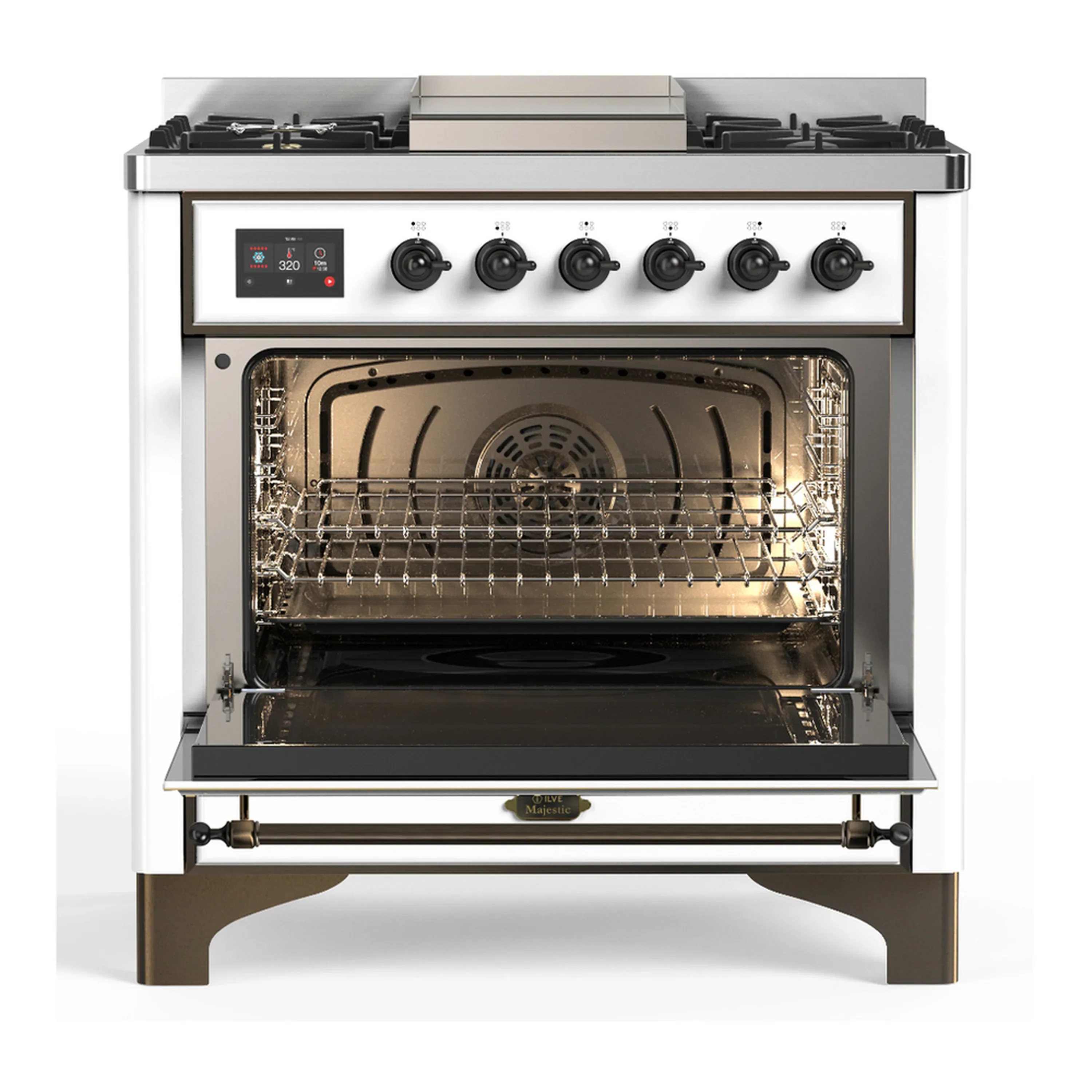 ILVE Majestic III 36-inch Dual Fuel Range with 5 Liquid Propane Burner, Griddle and Triple Glass Door Electric Oven in White with Burnished Trim (UM36FNR3WHBLP) - Image 4