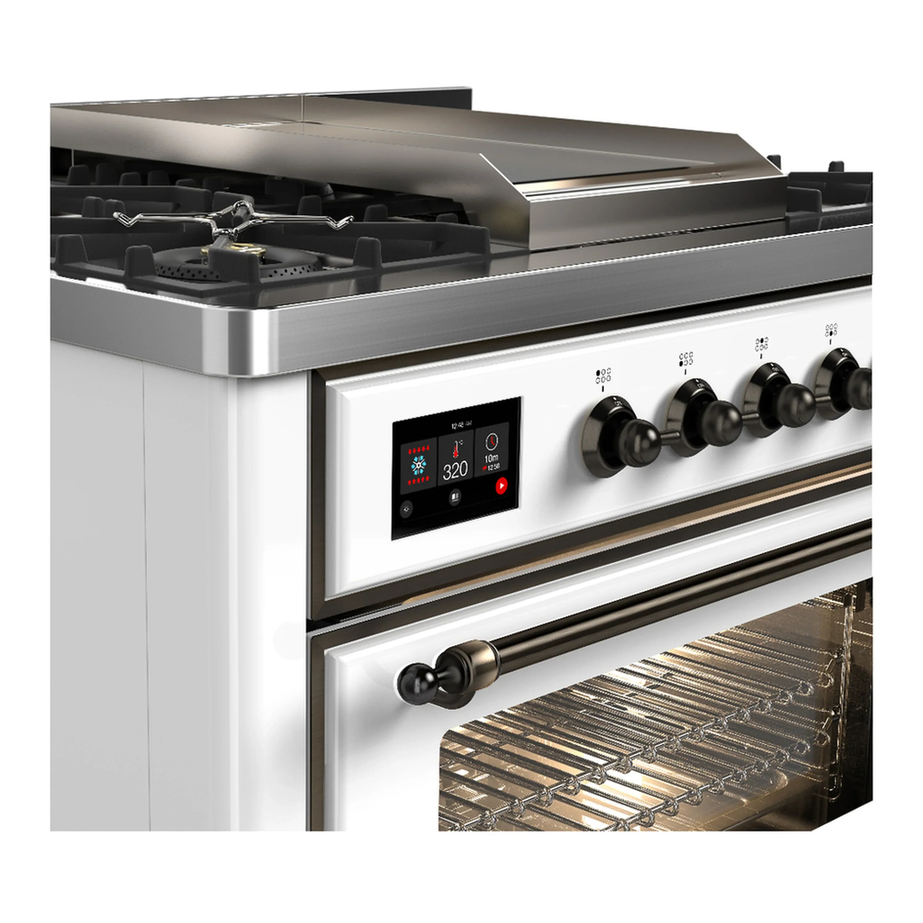 ILVE Majestic III 36-inch Dual Fuel Range with 5 Liquid Propane Burner, Griddle and Triple Glass Door Electric Oven in White with Burnished Trim (UM36FNR3WHBLP) - Image 5