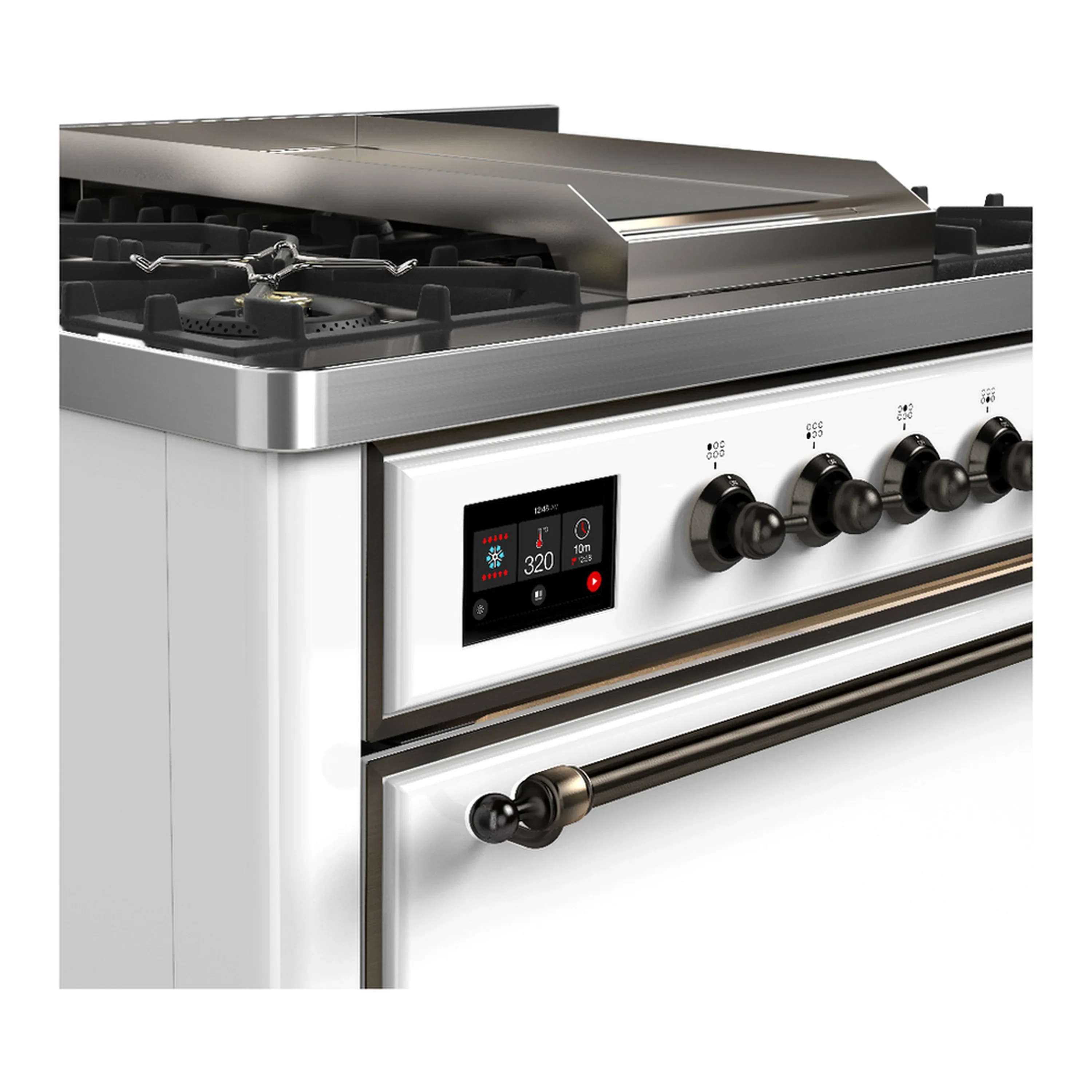 ILVE Majestic III 36-inch Dual Fuel Range with 6 Natural Gas Burner, Griddle and Solid Door Electric Oven in White with Burnished Trim (UM36FQNR3WHB) - Image 5