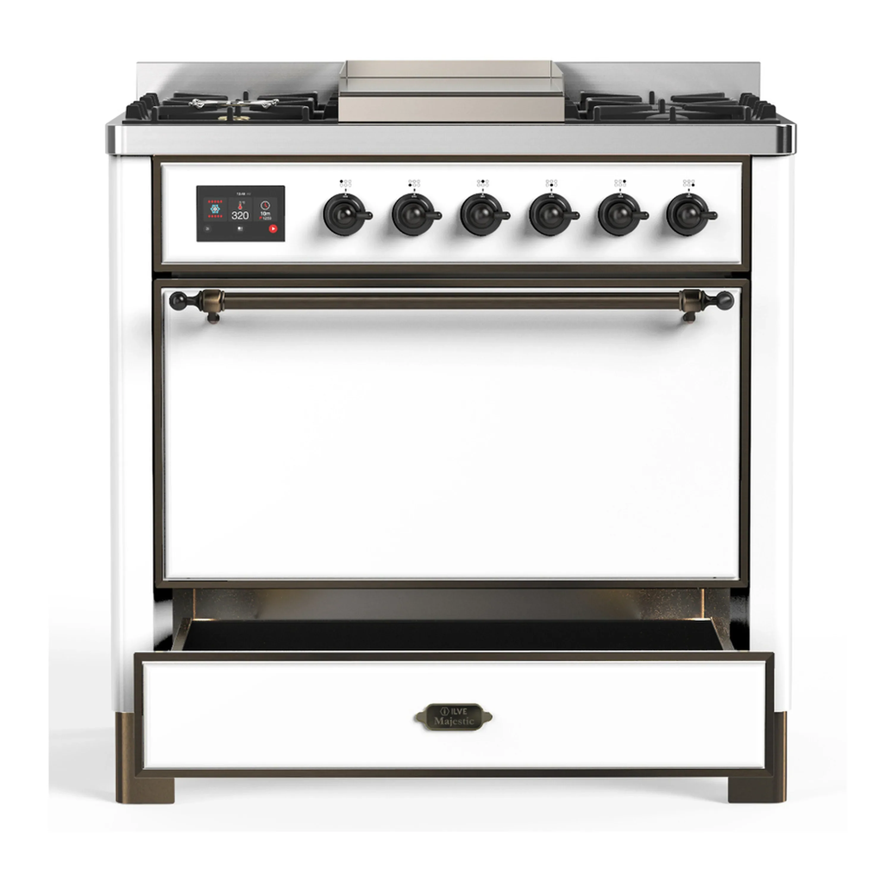 ILVE Majestic III 36-inch Dual Fuel Range with 5 Liquid Propane Burner, Griddle and Solid Door Electric Oven in White with Burnished Trim (UM36FQNR3WHBLP) - Image 3