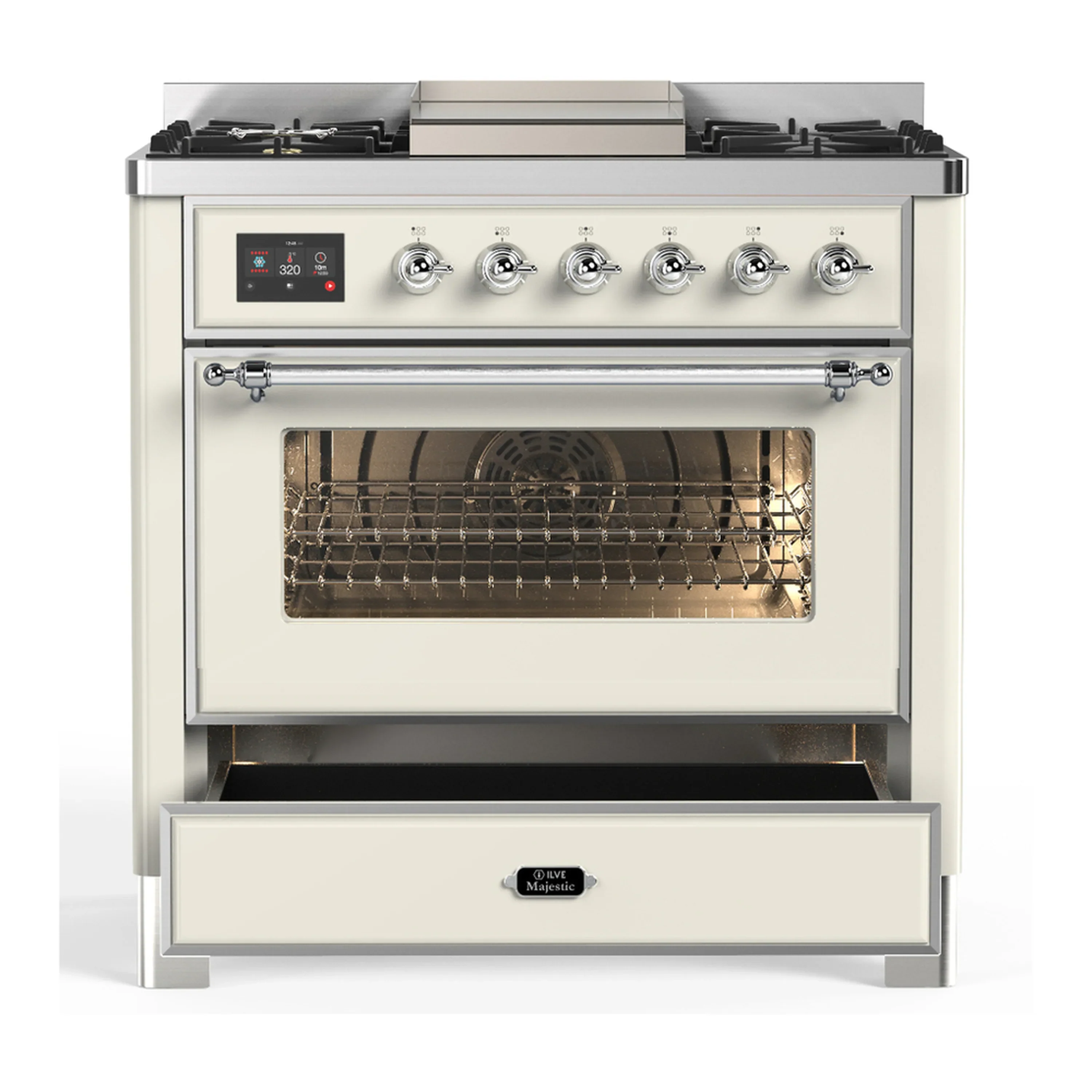 ILVE Majestic III 36-inch Dual Fuel Range with 6 Natural Gas Burner, Griddle and Triple Glass Door Electric Oven in Antique White with Chrome Trim (UM36FNR3AWC) - Image 3