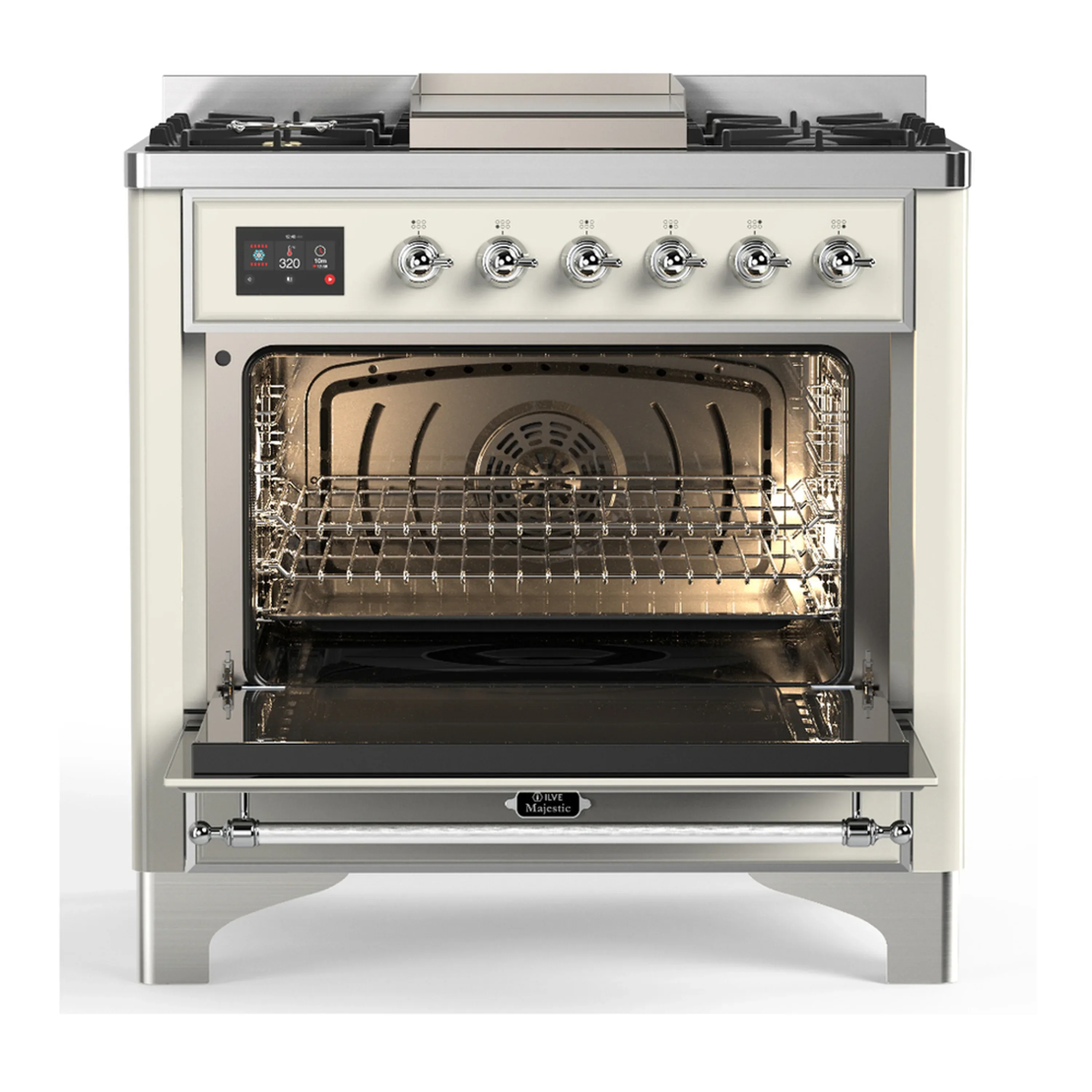 ILVE Majestic III 36-inch Dual Fuel Range with 6 Natural Gas Burner, Griddle and Triple Glass Door Electric Oven in Antique White with Chrome Trim (UM36FNR3AWC) - Image 4