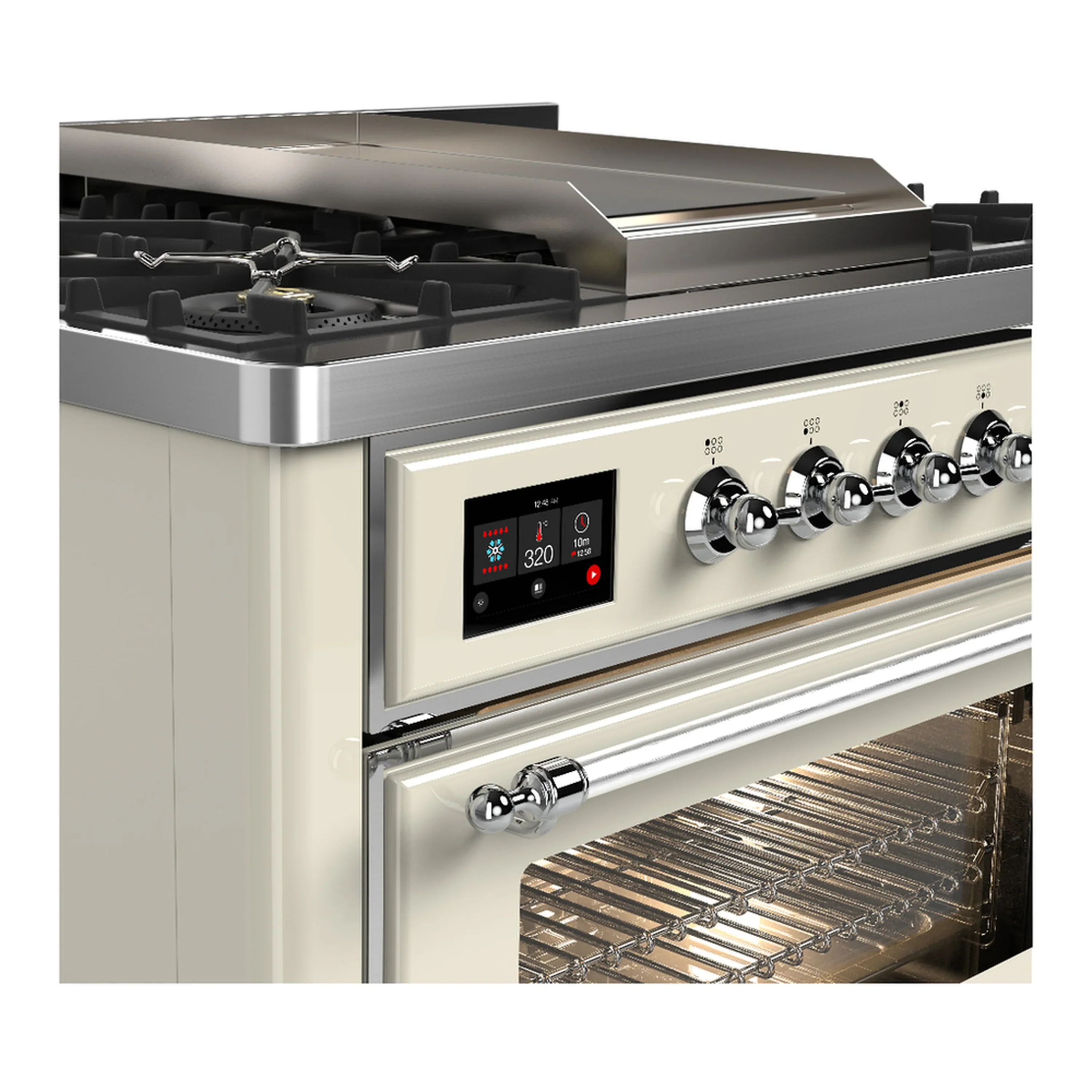 ILVE Majestic III 36-inch Dual Fuel Range with 6 Natural Gas Burner, Griddle and Triple Glass Door Electric Oven in Antique White with Chrome Trim (UM36FNR3AWC) - Image 5