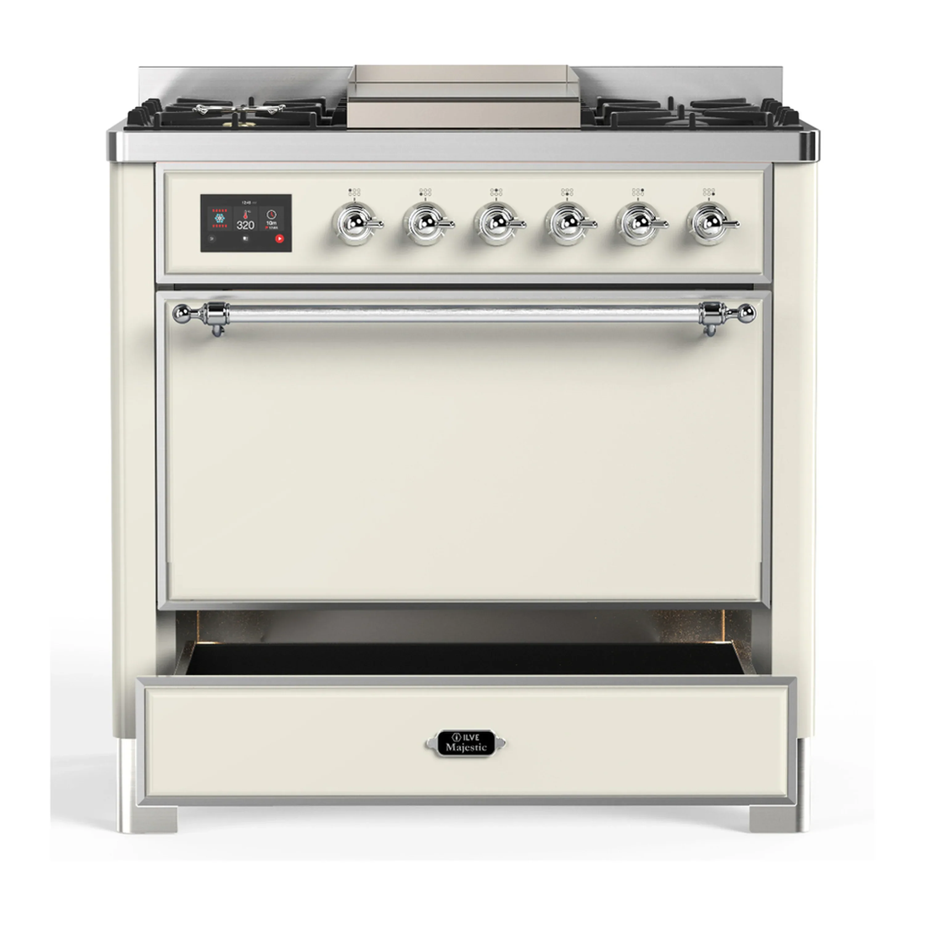 ILVE Majestic III 36-inch Dual Fuel Range with 5 Liquid Propane Burner, Griddle and Solid Door Electric Oven in Antique White with Chrome Trim (UM36FQNR3AWCLP) - Image 3