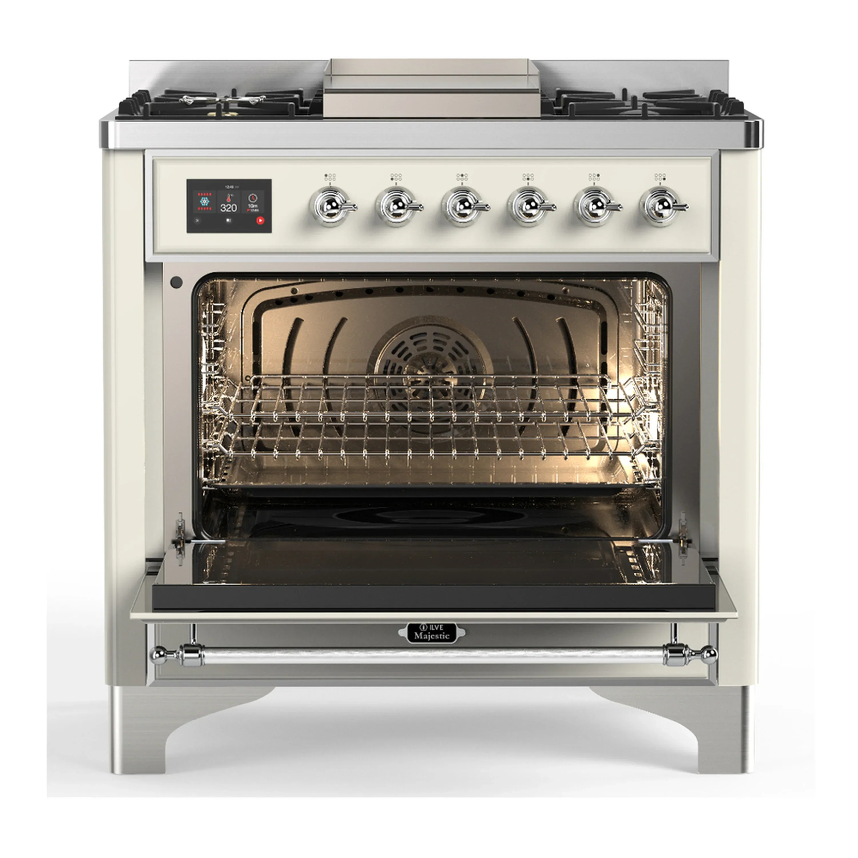 ILVE Majestic III 36-inch Dual Fuel Range with 5 Liquid Propane Burner, Griddle and Solid Door Electric Oven in Antique White with Chrome Trim (UM36FQNR3AWCLP) - Image 4